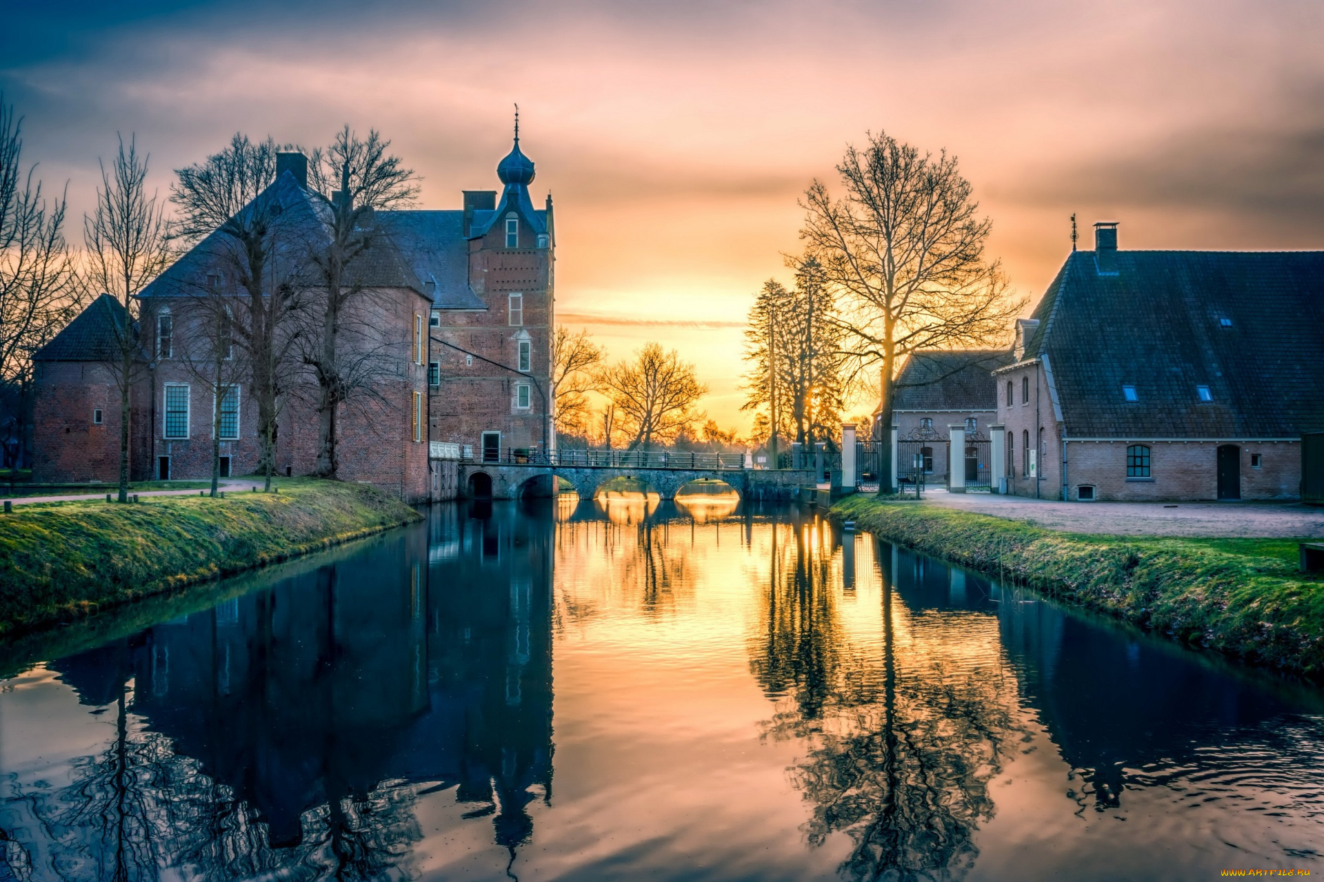 города, -, панорамы, водоем, мост, здания, деревья