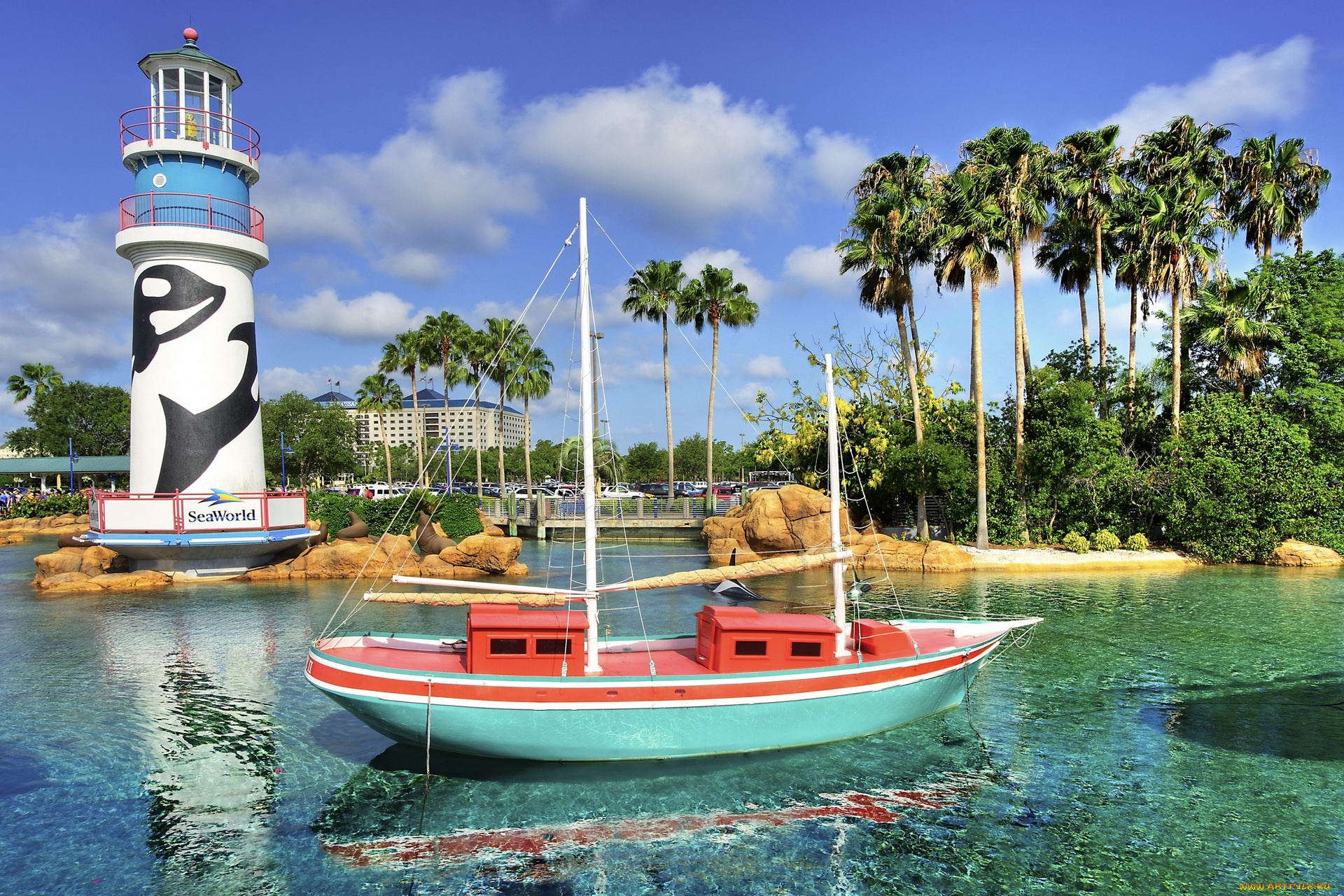 корабли, Яхты, водоем, лодка, маяк, здание