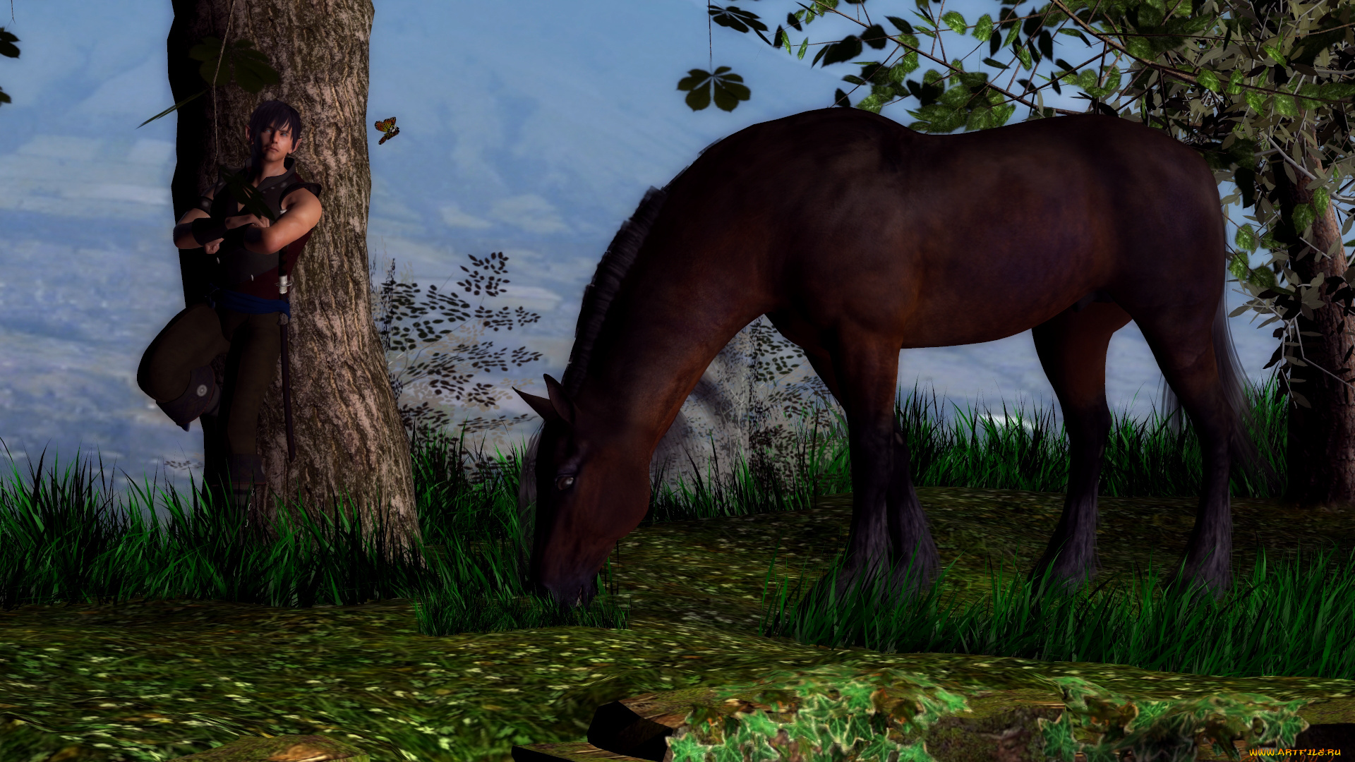 3д, графика, люди, и, животные, , people, and, animals, мужчина, фон, взгляд, лошадь