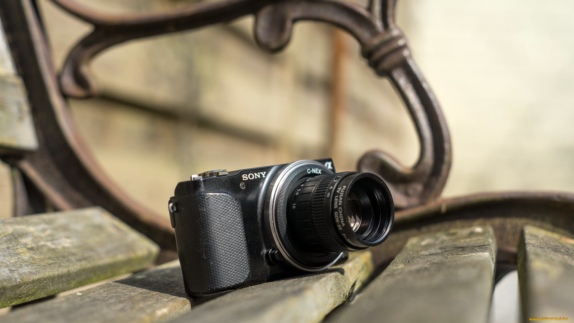 бренды, sony, фотоаппарат, скамейка, камера