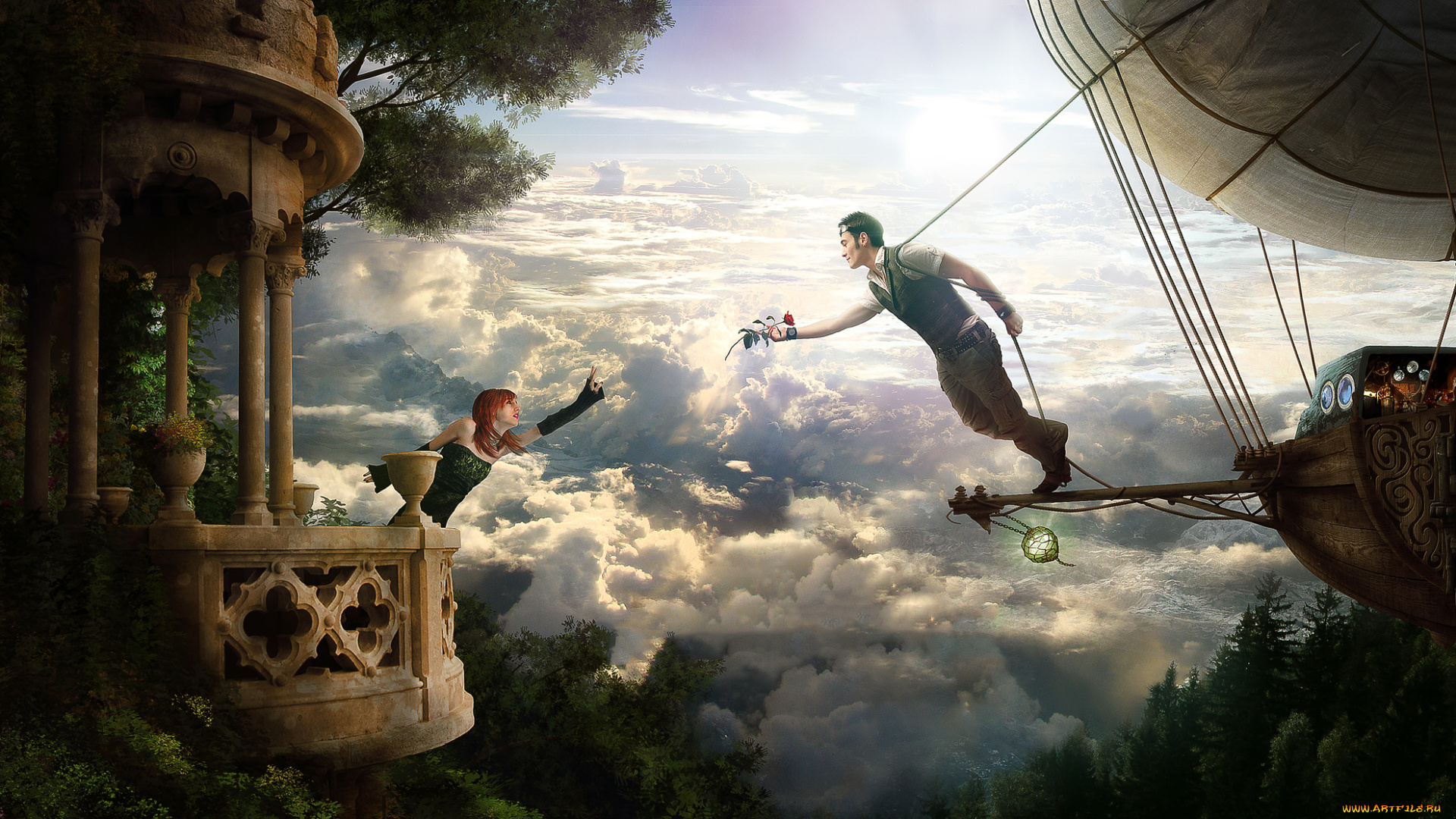 фэнтези, фотоарт, роза, фон, мужчина, корабль, девушка