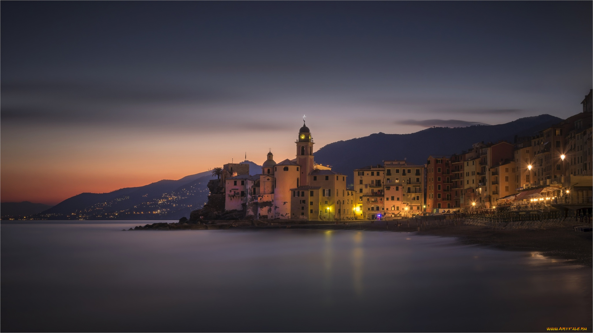 города, -, католические, соборы, , костелы, , аббатства, камольи, liguria, лигурия, италия, вечер, побережье, огни