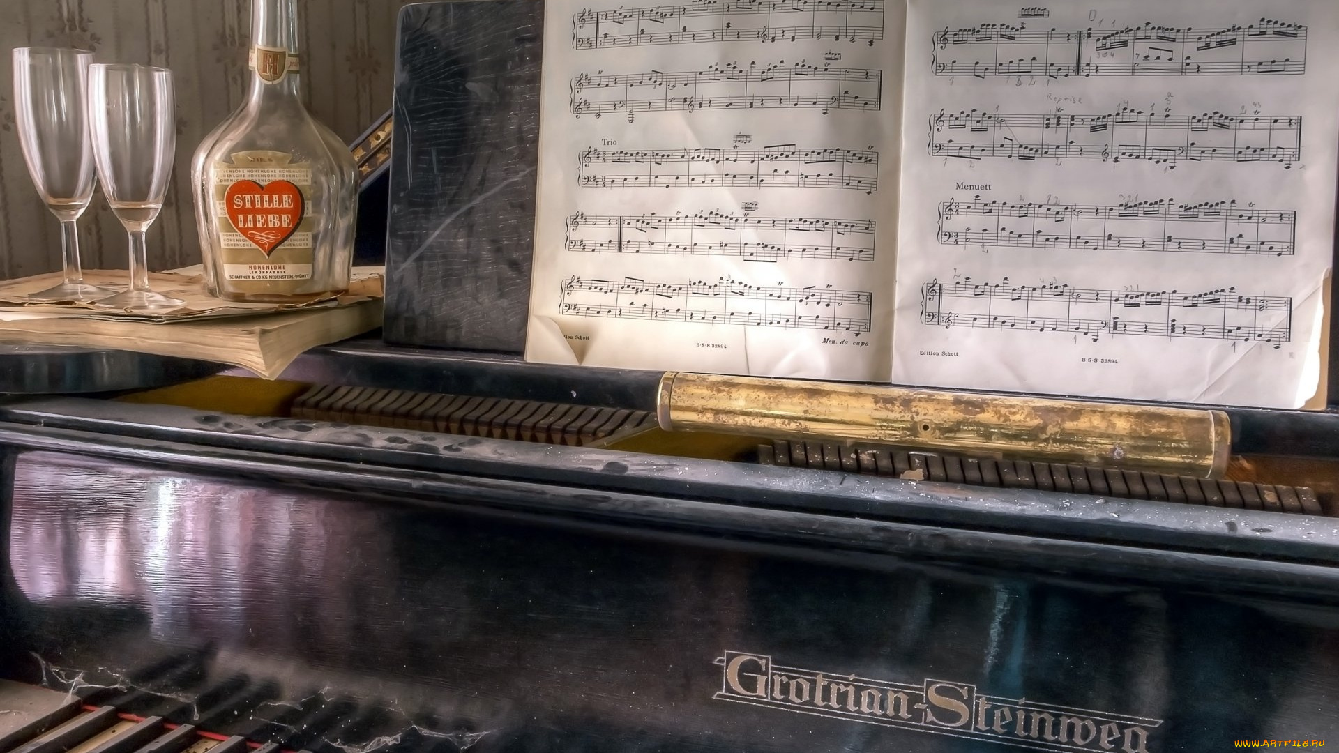 музыка, -музыкальные, инструменты, фужер, ноты, пианино, бутылка