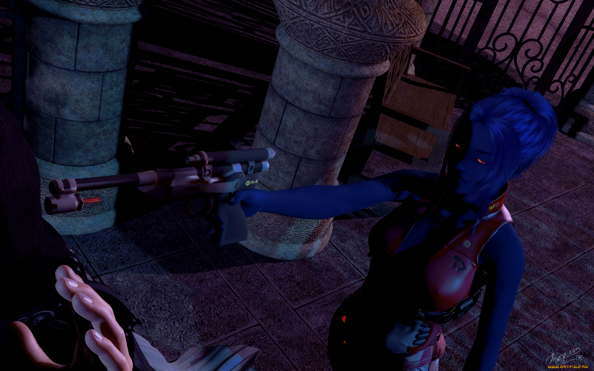 3д, графика, существа, , creatures, девушка, взгляд, фон, оружие