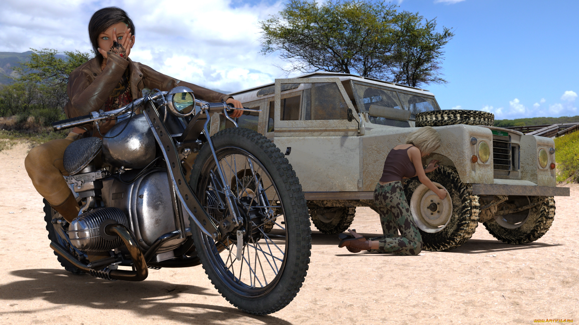 3д, графика, люди-авто, мото, , people-, car, , , moto, фон, девушки, взгляд