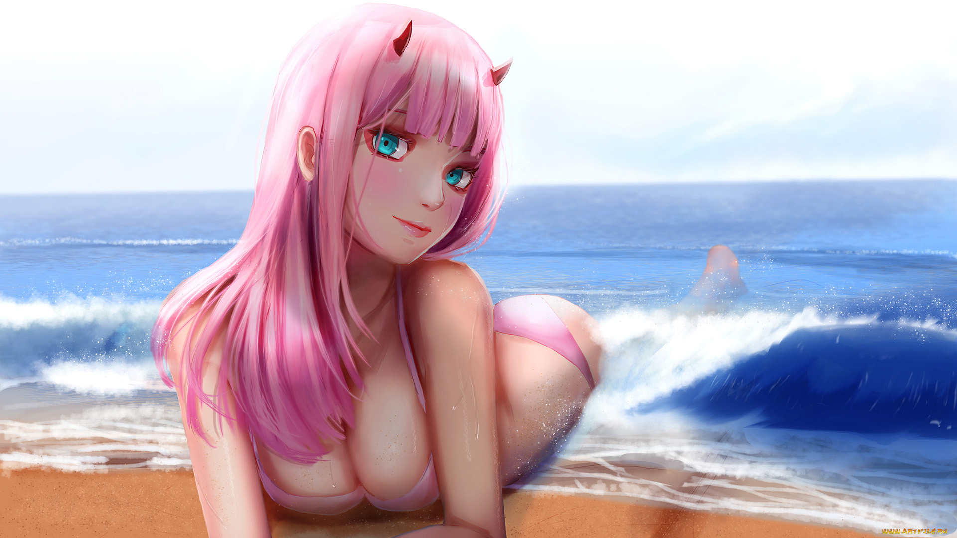 аниме, darling, in, the, frankxx, рожки, море, взгляд, девушка, фон