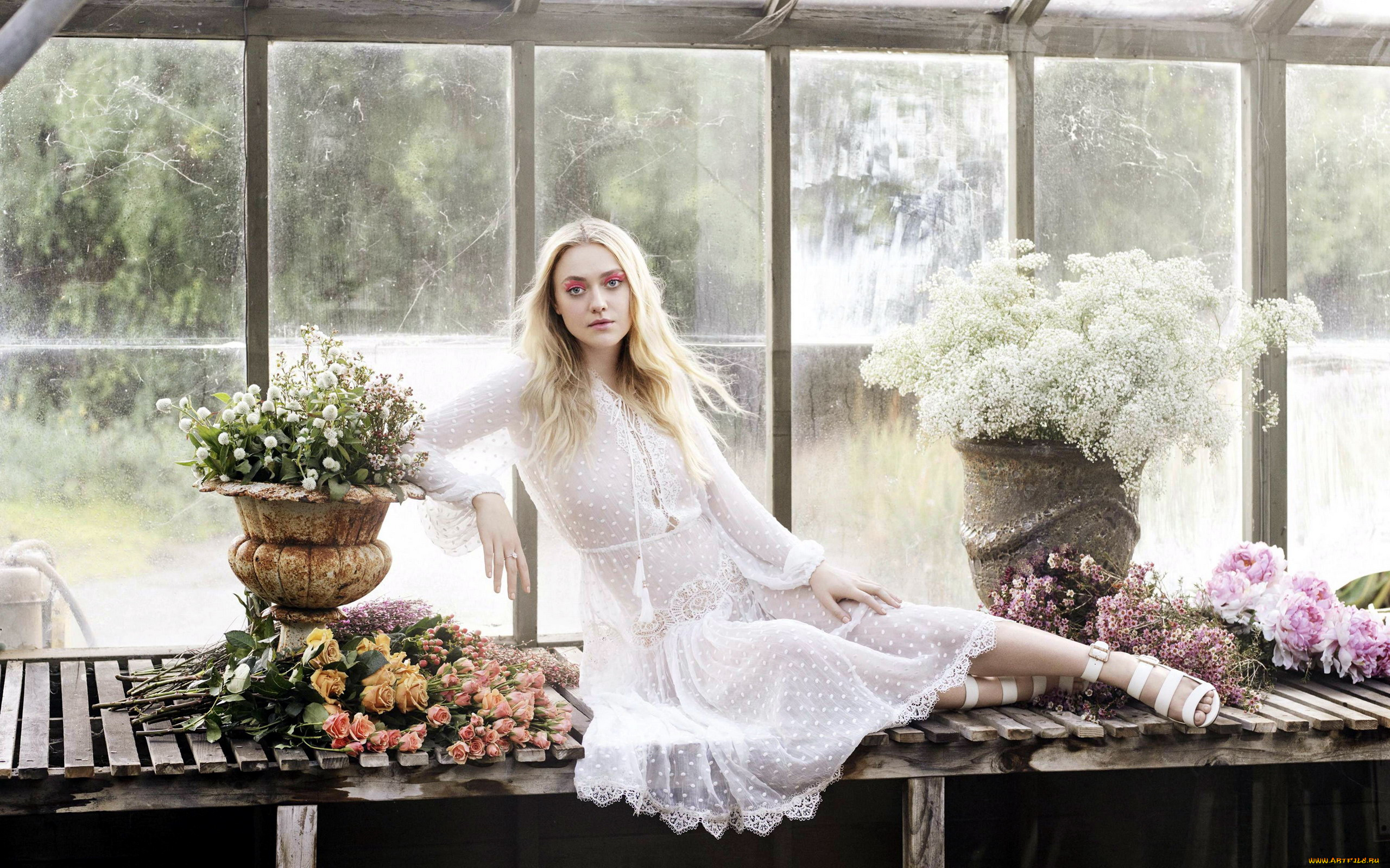 девушки, dakota, fanning, цветы, букеты, блондинка