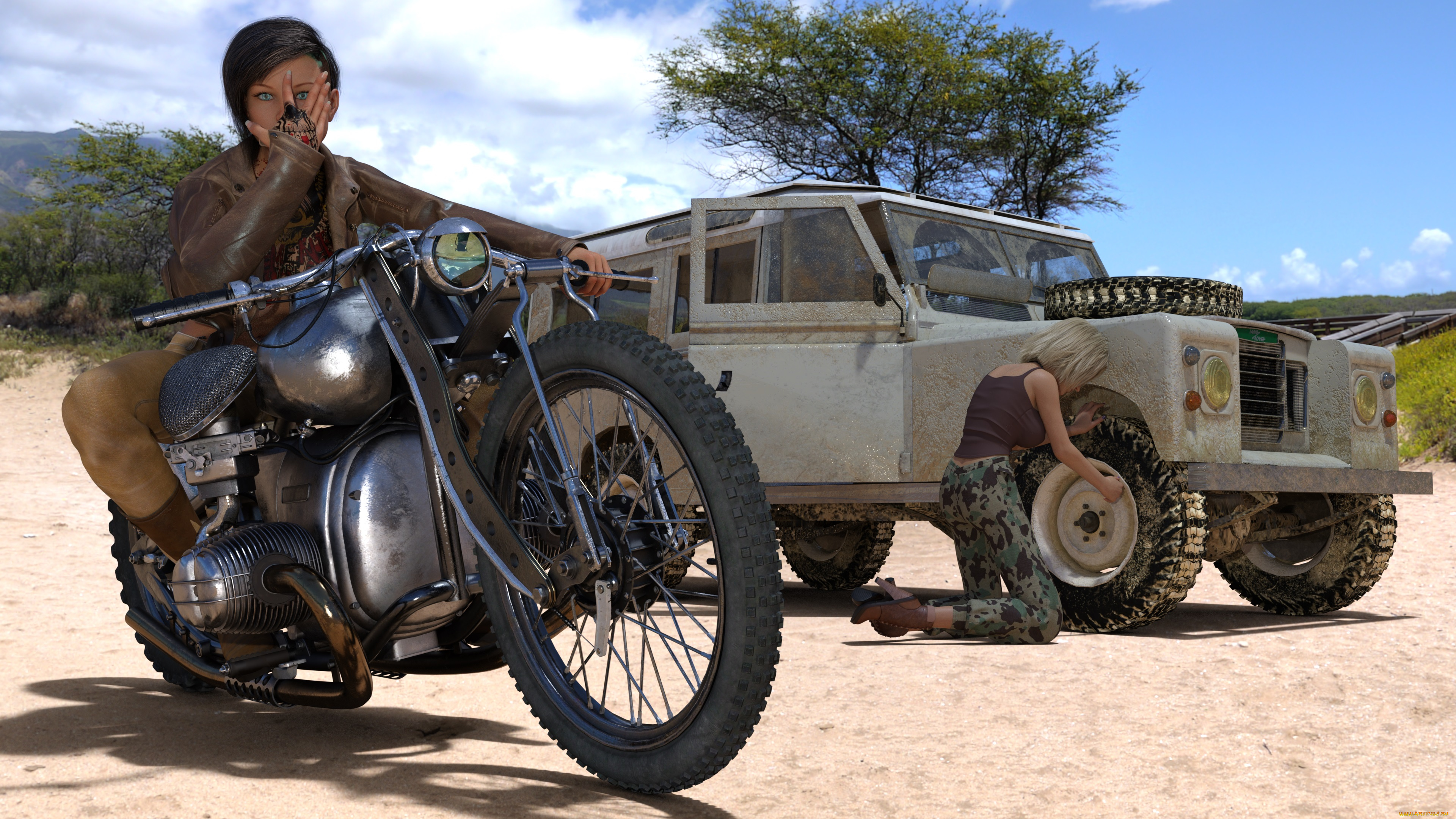 3д, графика, люди-авто, мото, , people-, car, , , moto, фон, девушки, взгляд