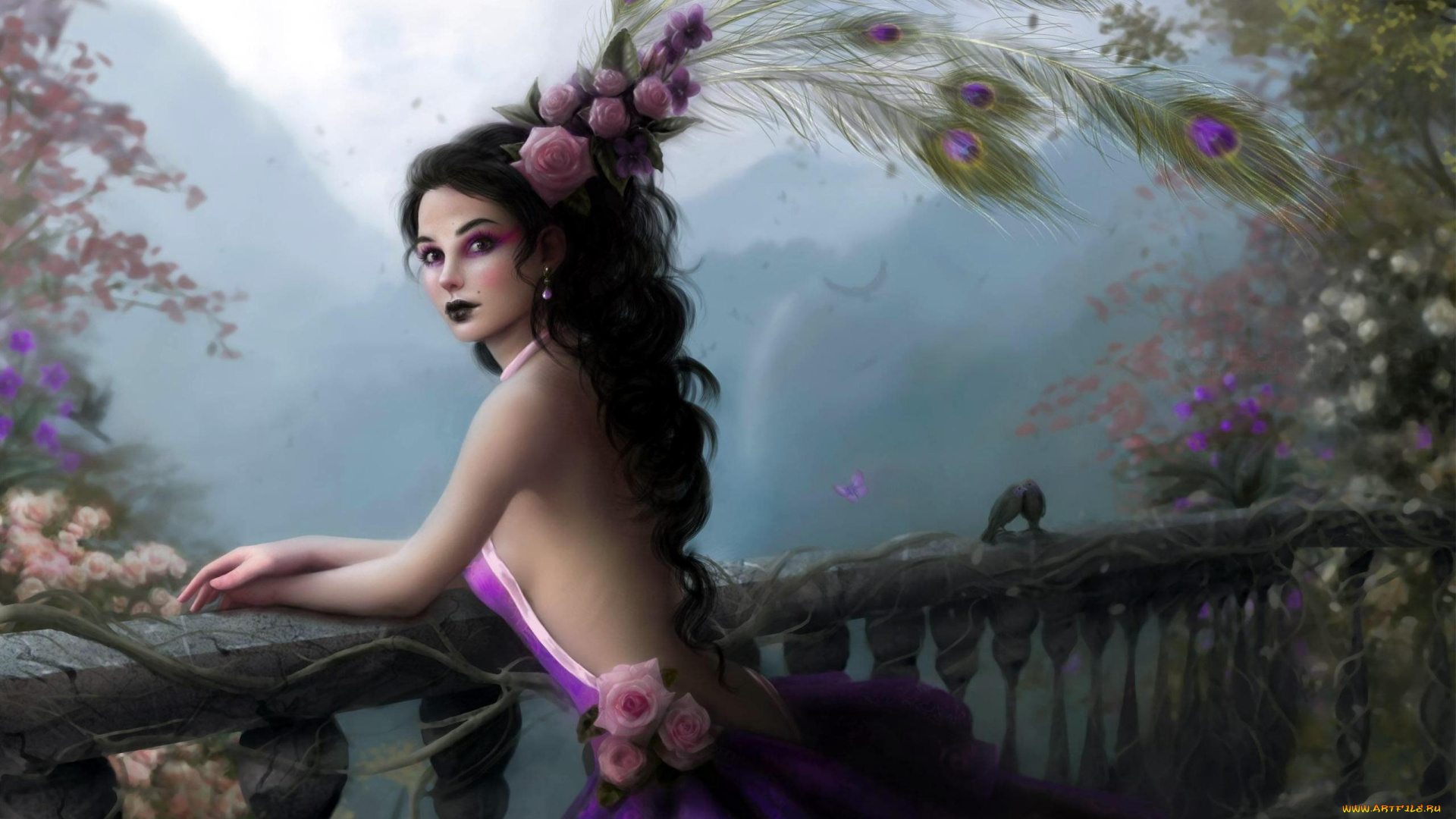фэнтези, девушки, девушка, цветы, перья, балкон, сад