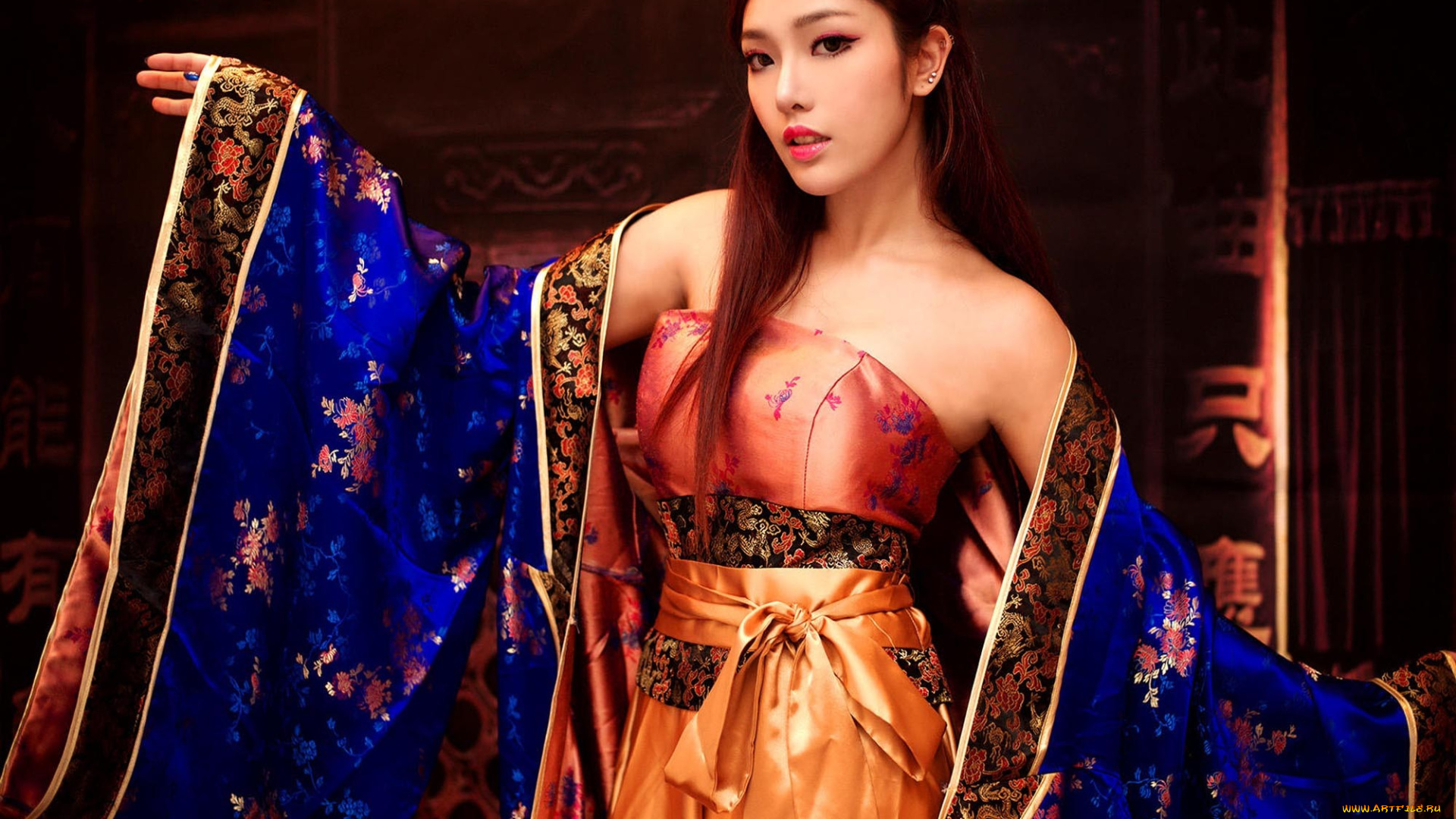 девушки, -, азиатки, шатенка, кимоно