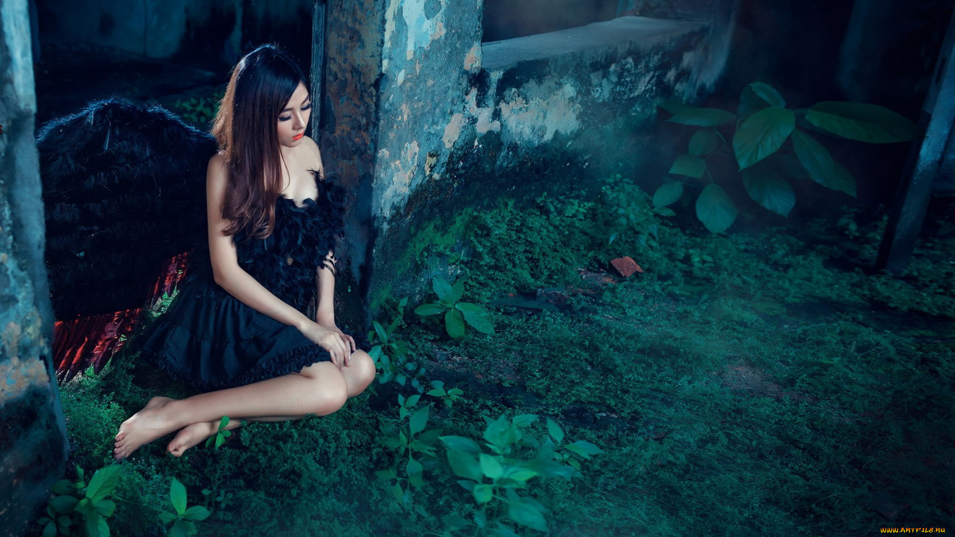 девушки, -, азиатки, шатенка, платье, крылья, развалины