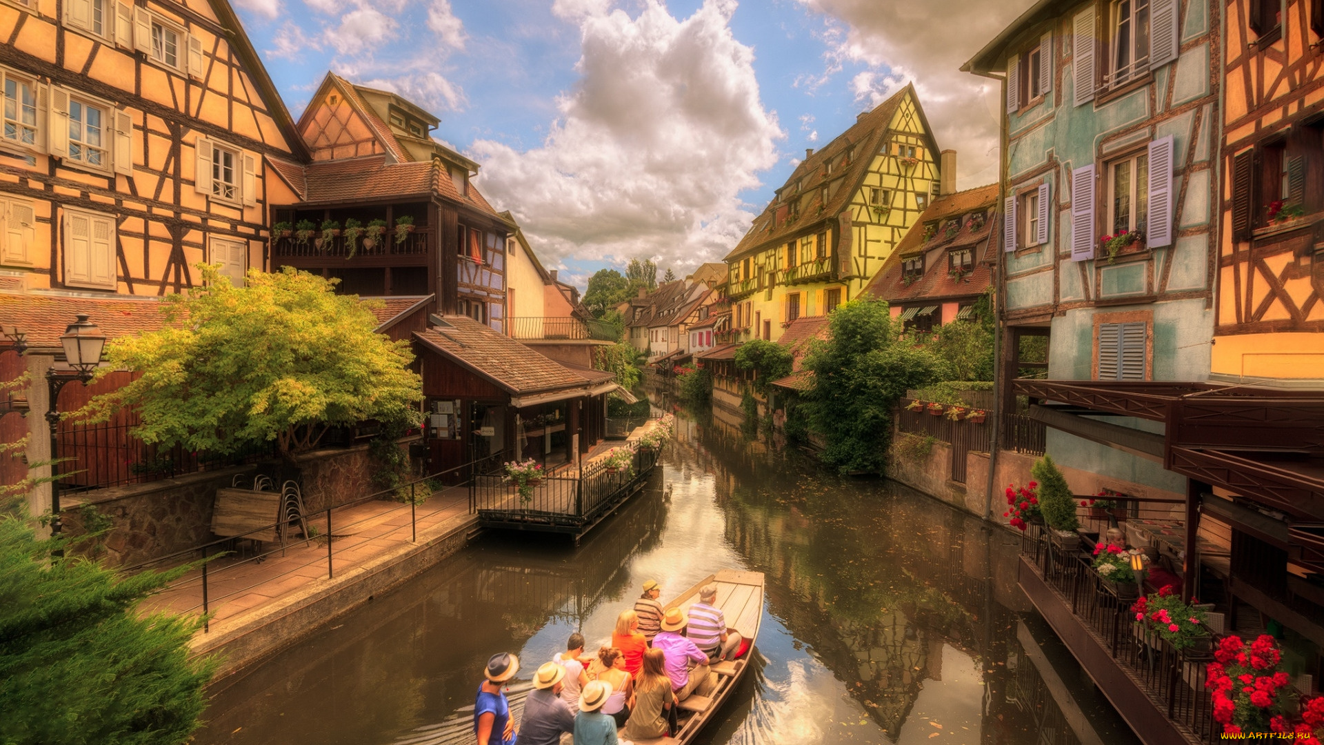 города, кольмар, , франция, канал, лодка, туристы