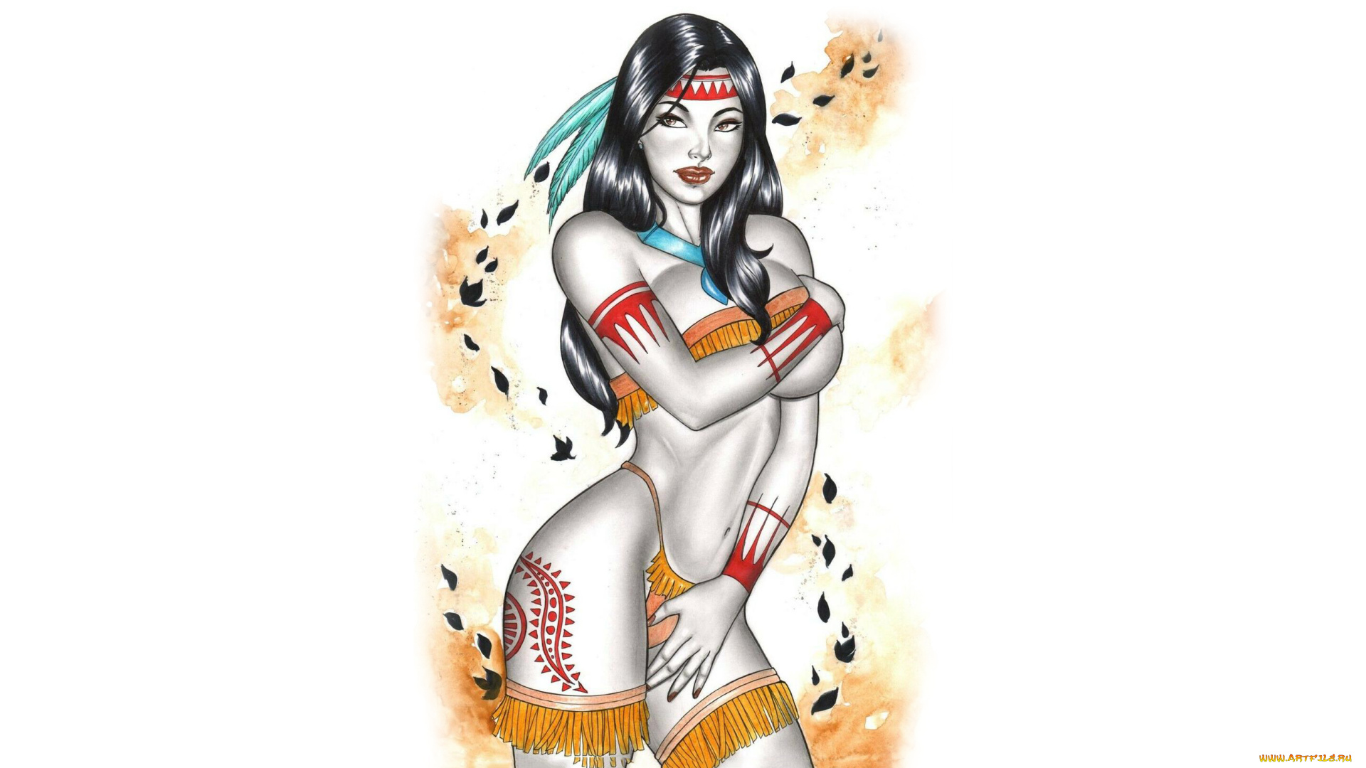 рисованное, elberty, oliveira, девушка, фон, взгляд, перо, тату