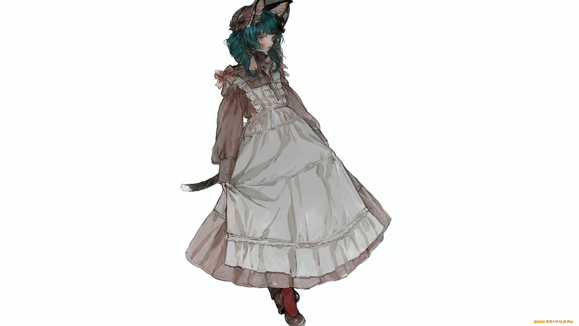 аниме, животные, , существа, девочка, шляпа, ушки, хвост, платье