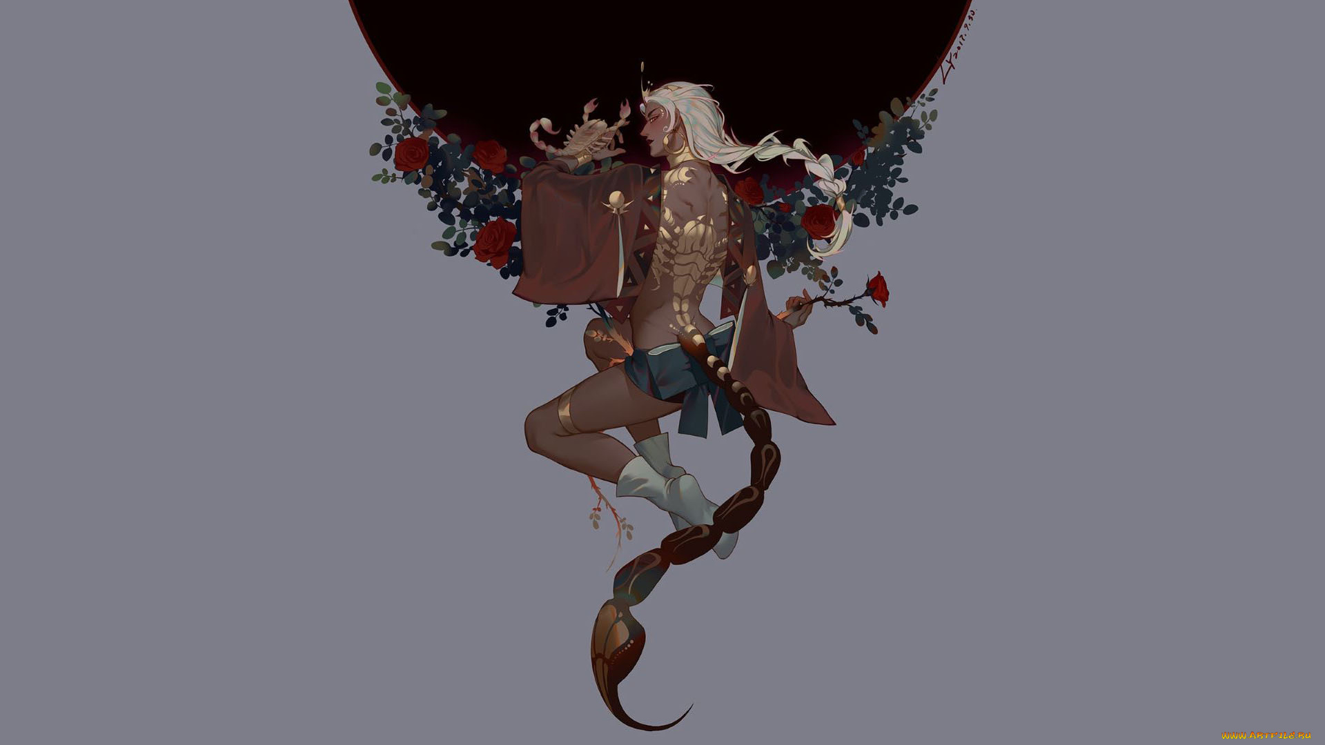 фэнтези, существа, скорпион, парень, хвост, розы