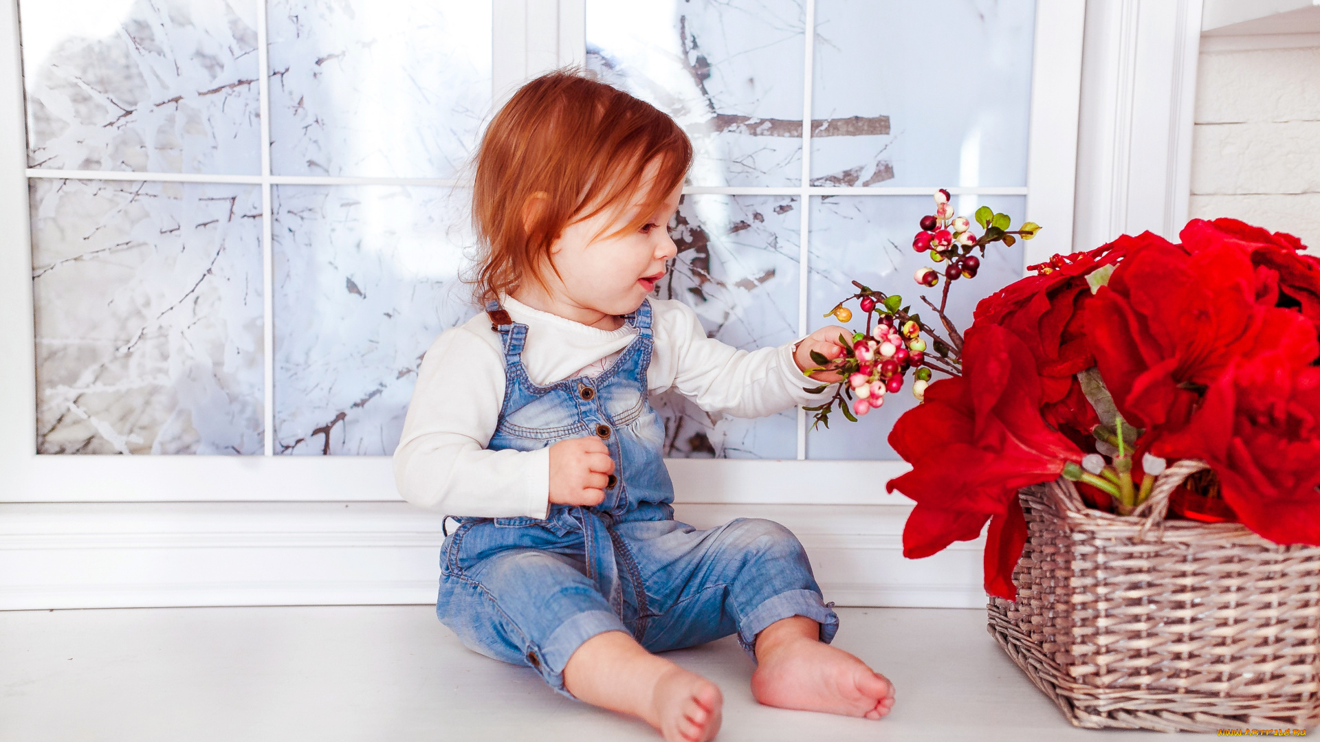 разное, дети, девочка, рыжая, корзина, цветы