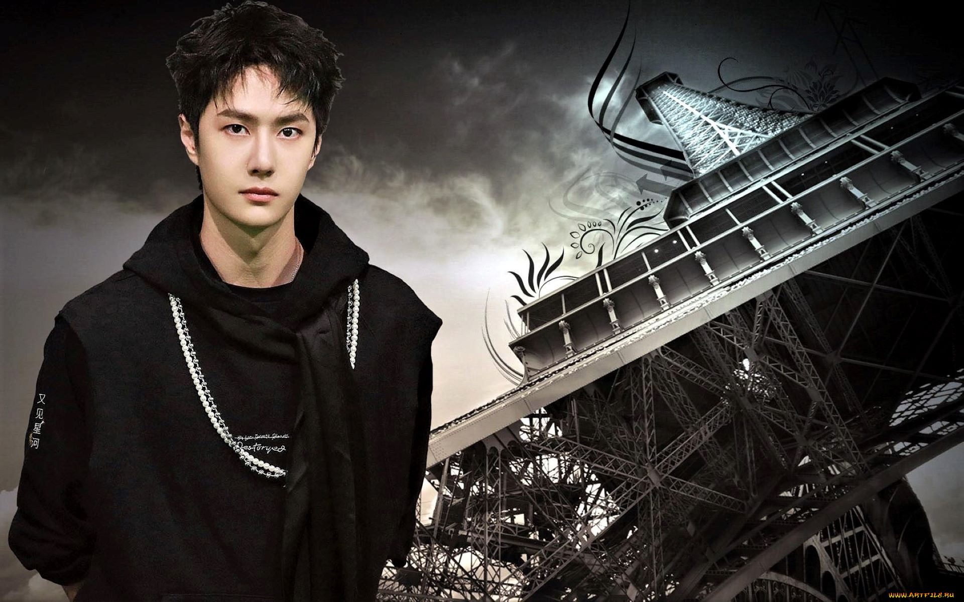 мужчины, wang, yi, bo, актер, певец, толстовка, цепь, башня