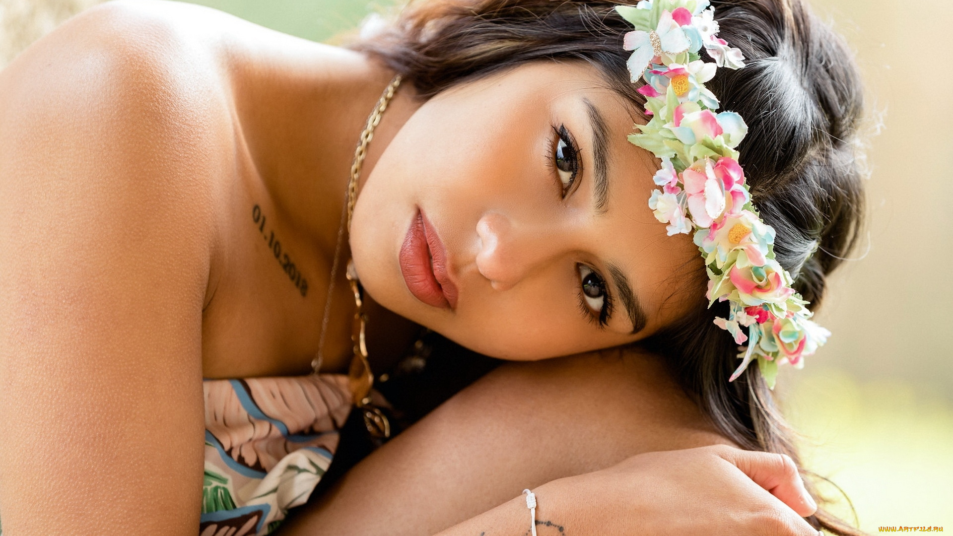 девушки, -, азиатки, венок, брюнетка, тату