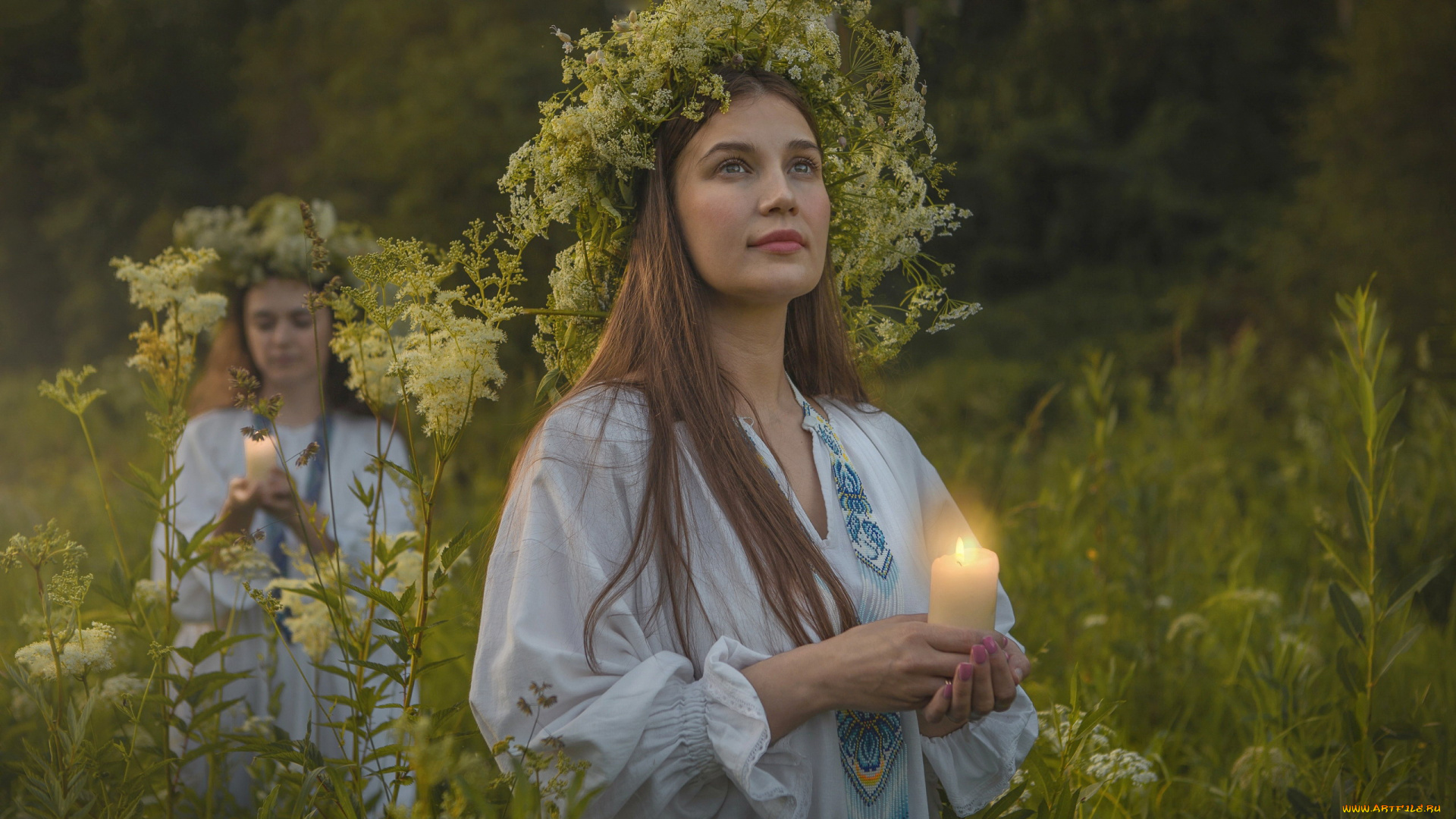 девушки, -, группа, девушек, ночь, лес, венки, ритуал, свечи