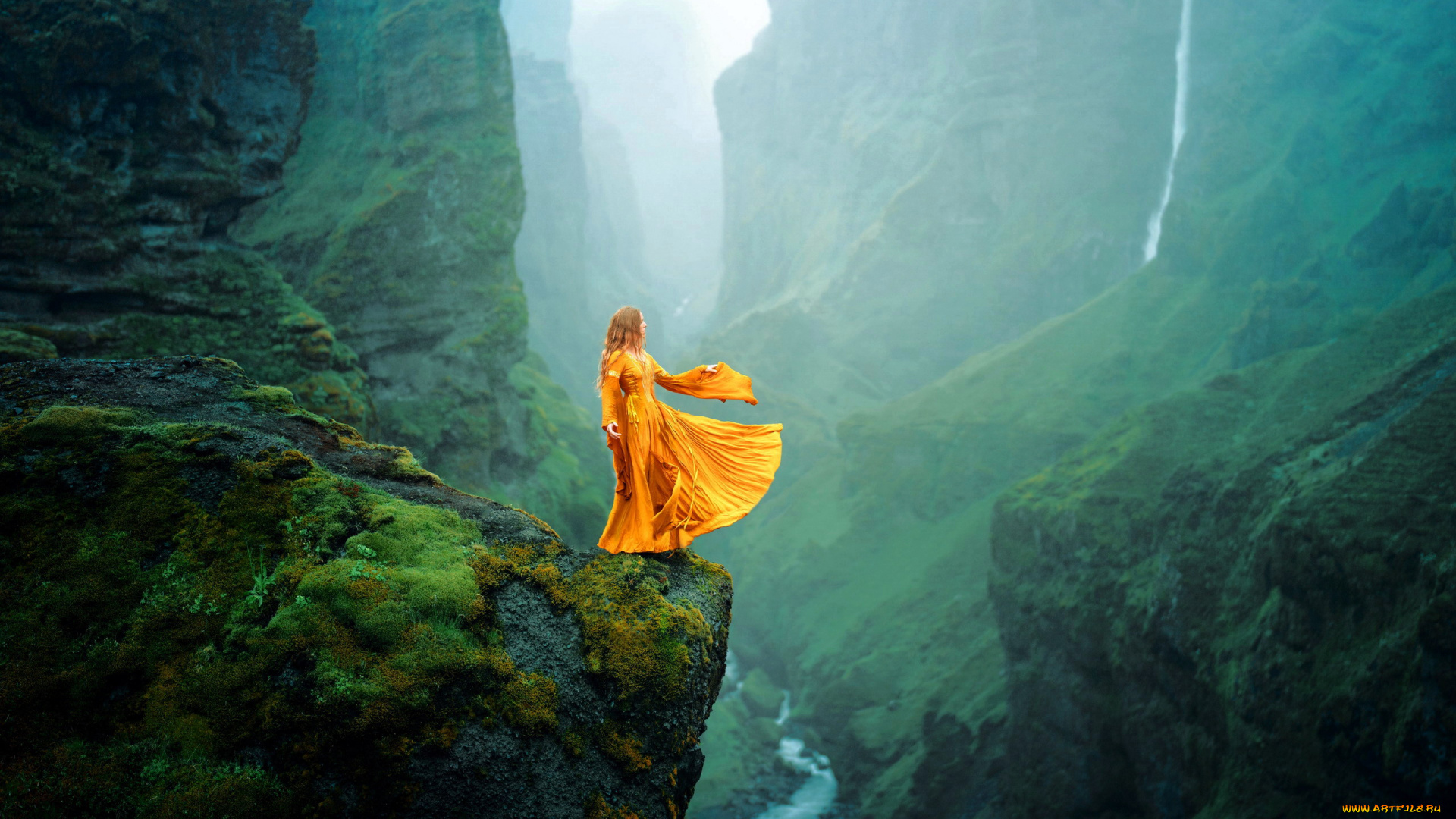 девушки, -, креатив, , косплей, горы, водопад, рыжие, волосы, платье