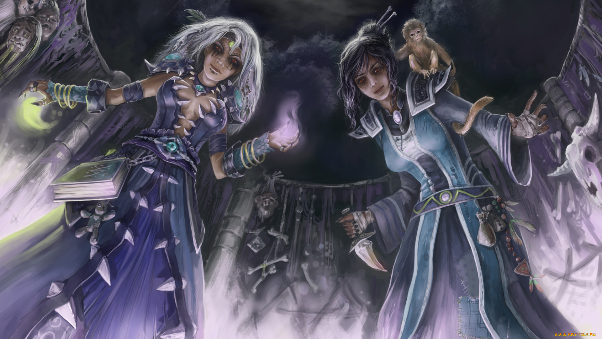 фэнтези, маги, , волшебники, девушки, фон, обезьянка, кинжал, магия, ритуал