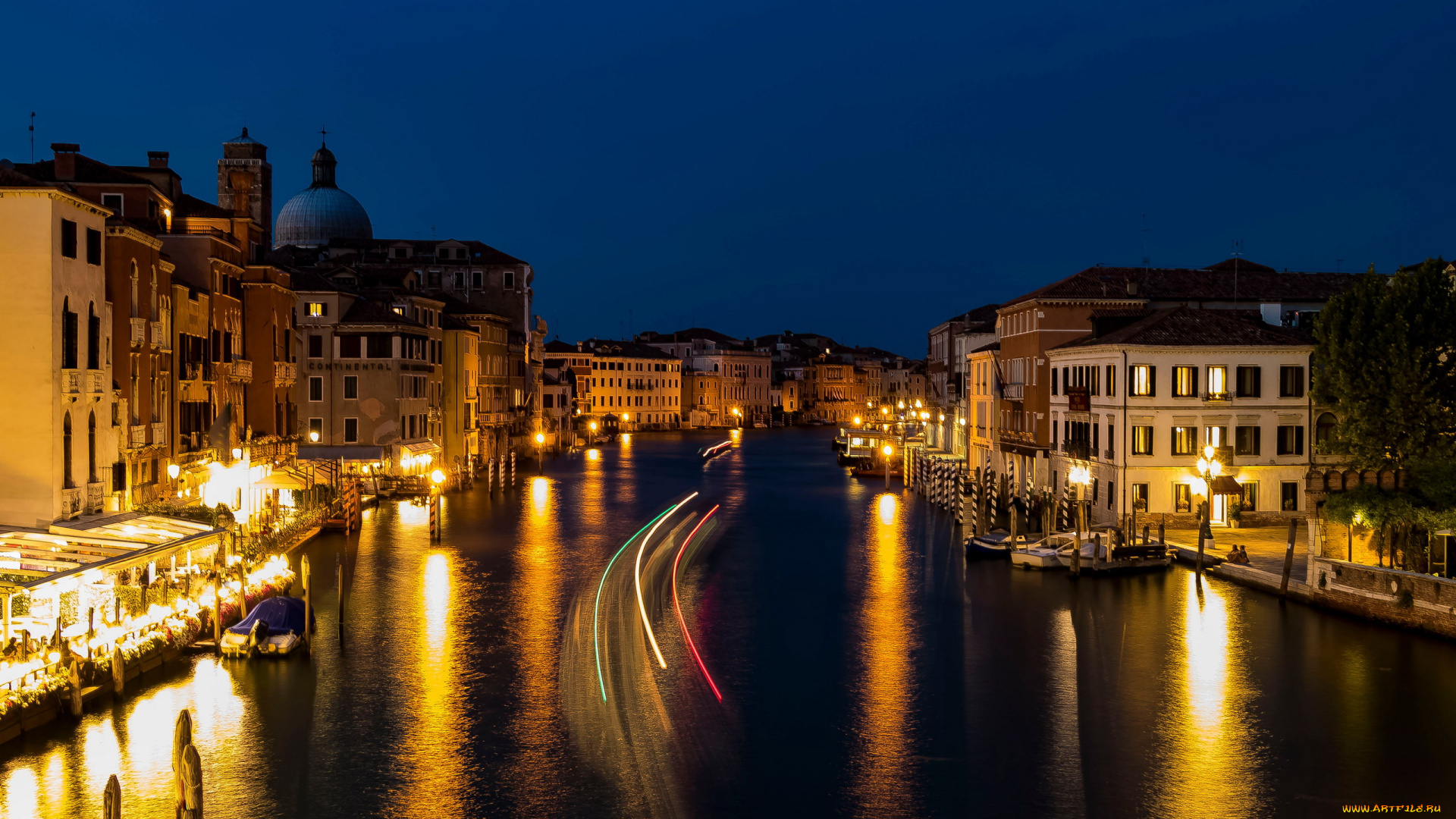 города, венеция, , италия, вечер, канал, огни