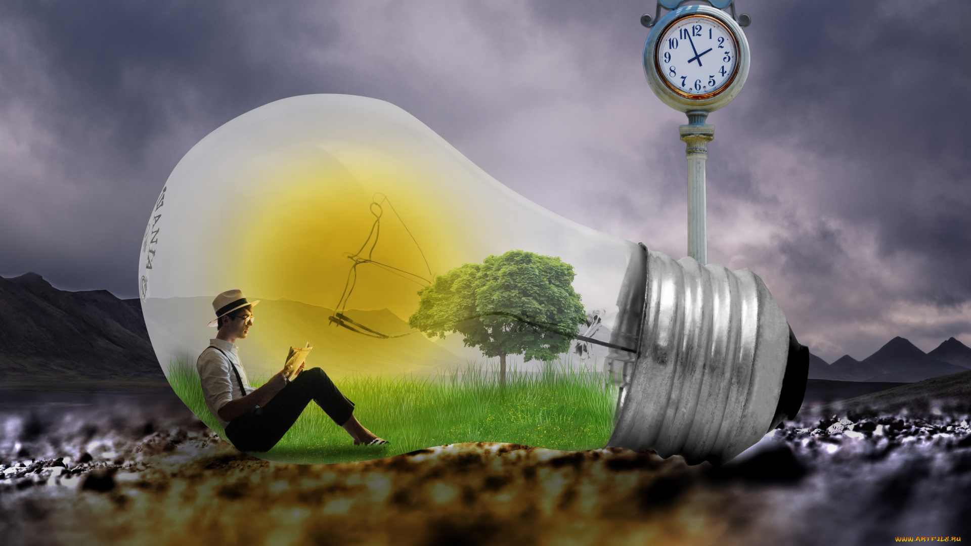 разное, компьютерный, дизайн, человек, дерево, лампочка, часы, горы