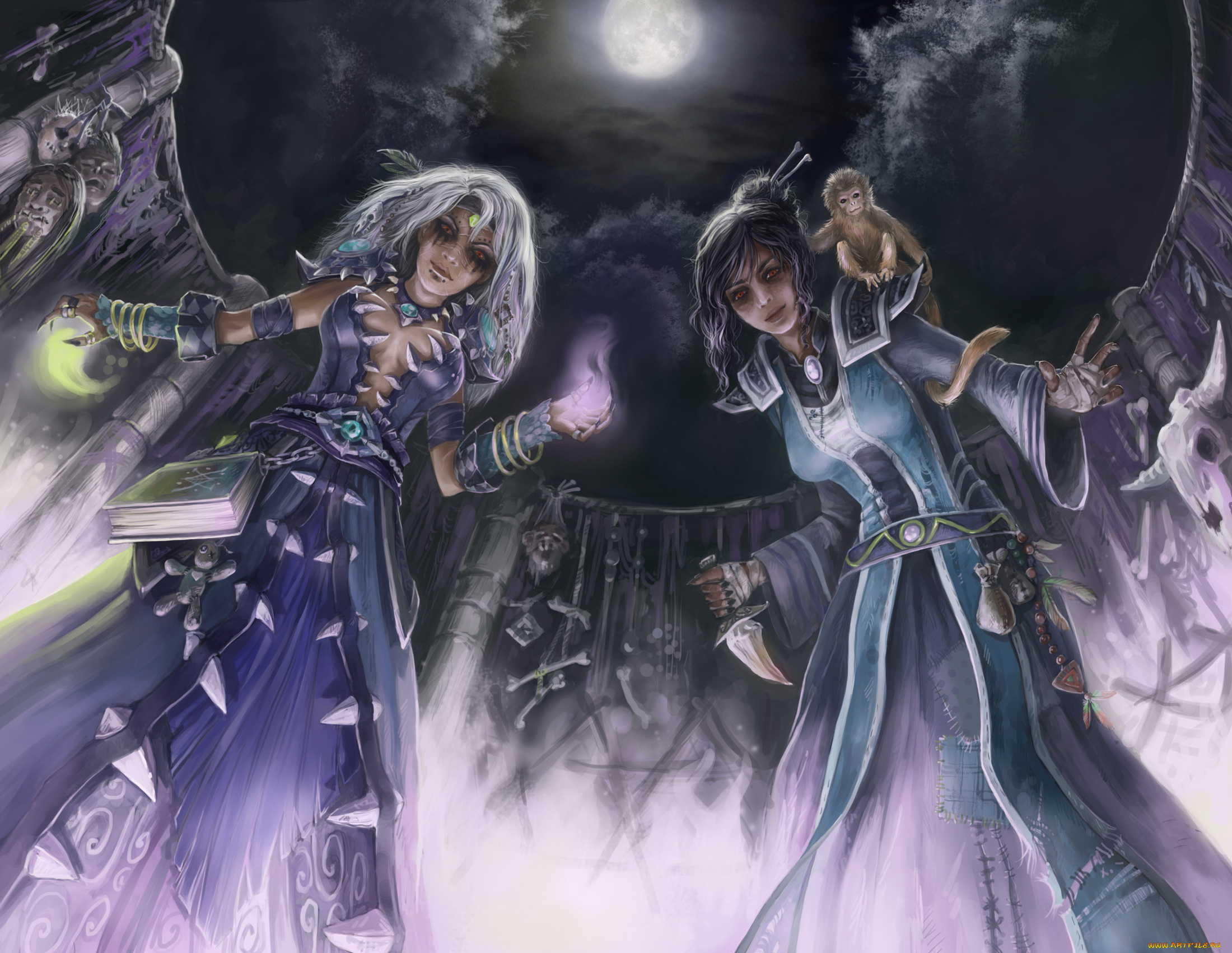 фэнтези, маги, , волшебники, девушки, фон, обезьянка, кинжал, магия, ритуал