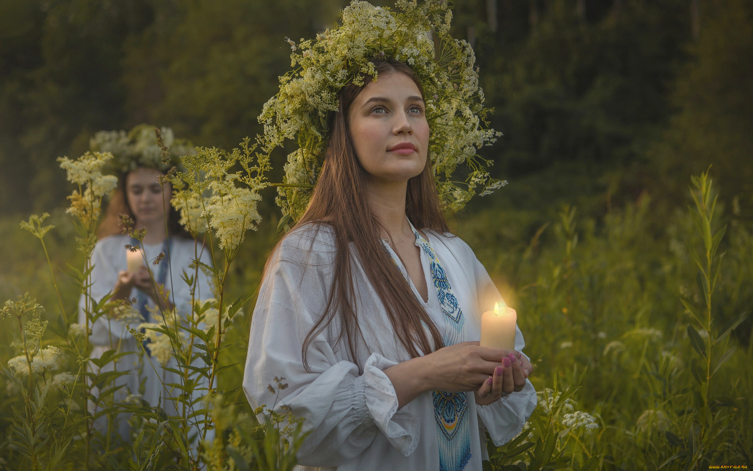 девушки, -, группа, девушек, ночь, лес, венки, ритуал, свечи