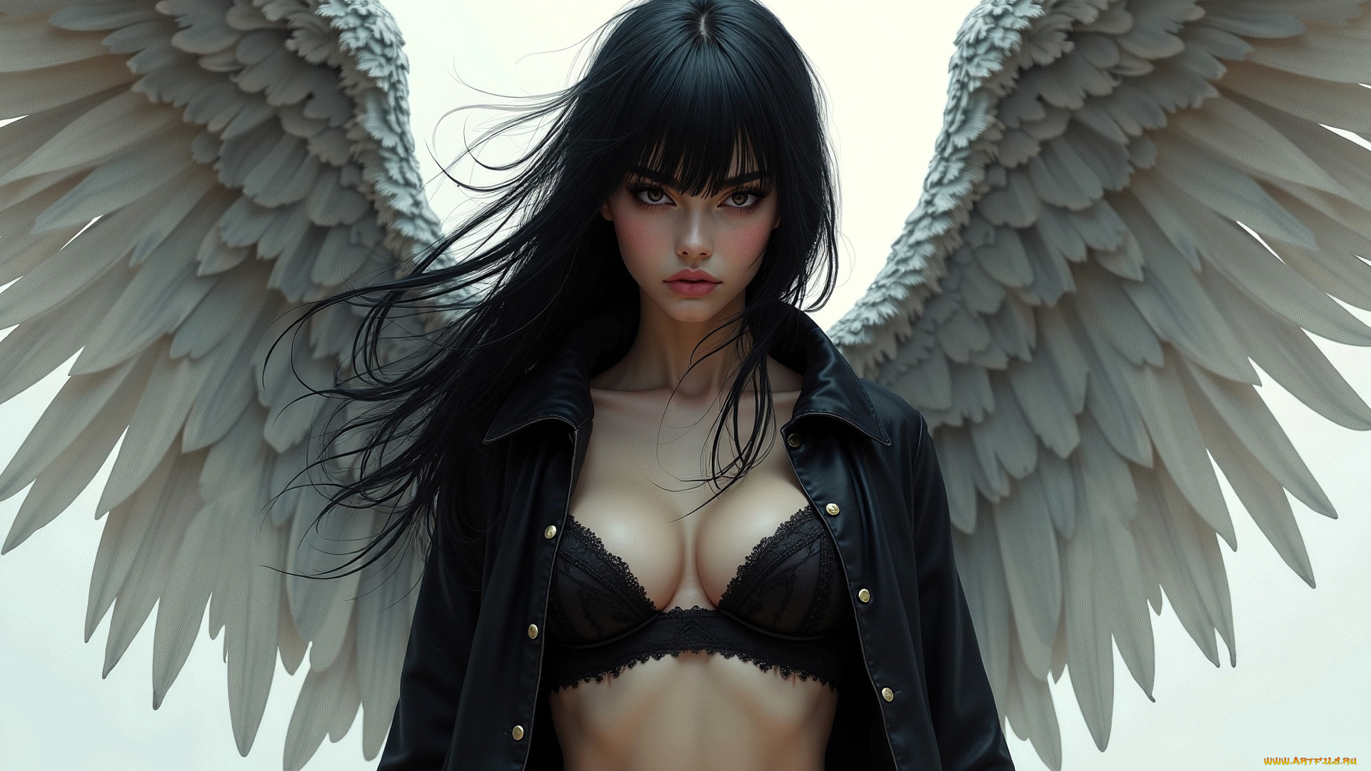 фэнтези, ангелы, девушка, ангел, брюнетка, крылья, рубашка, белье