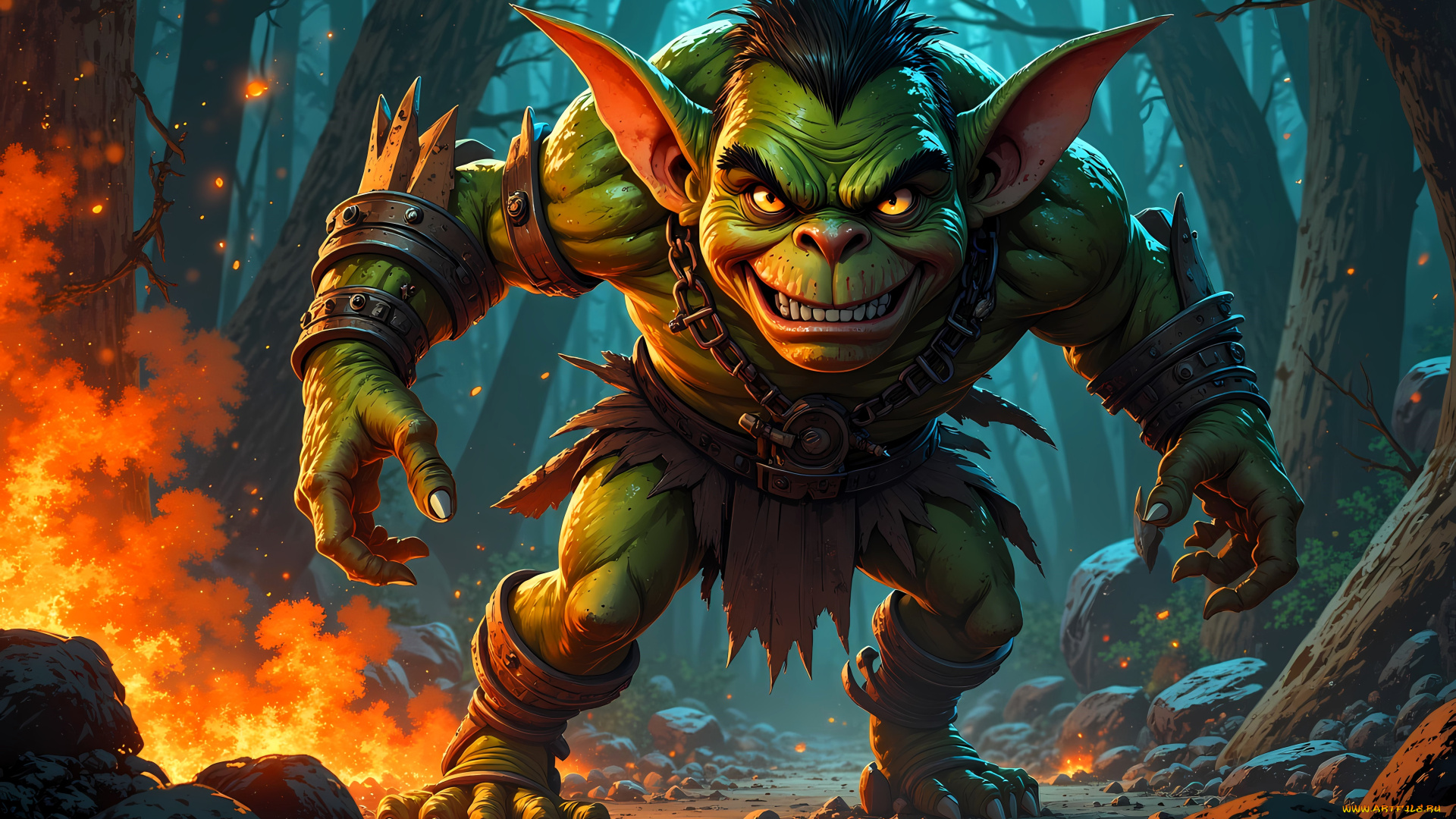 фэнтези, существа, гоблин, лес, камни, огонь