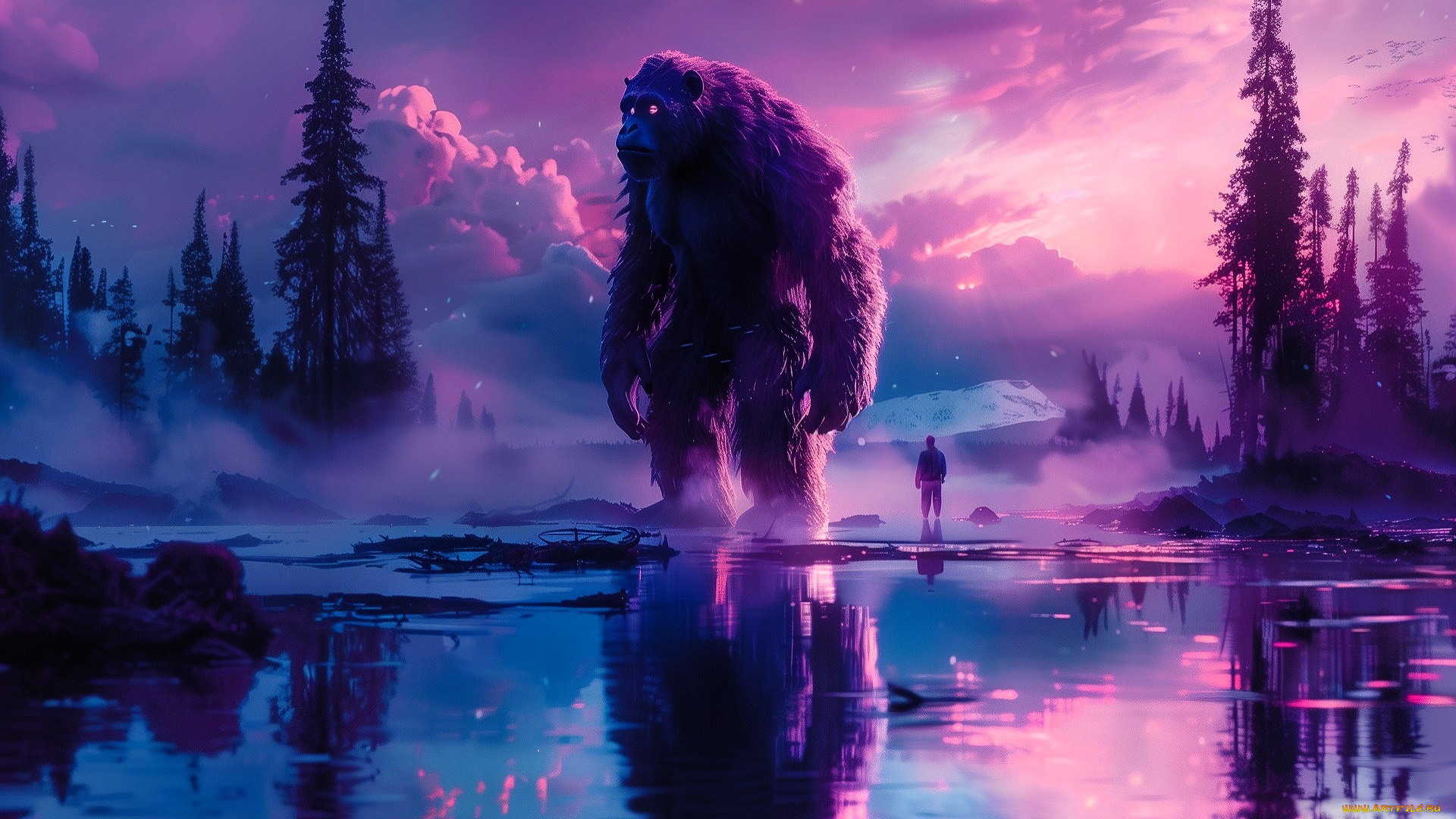 фэнтези, существа, йети, человек, озеро, туман, деревья, горы