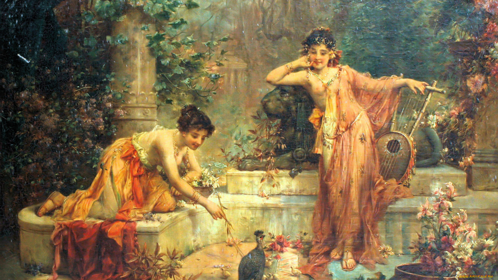 рисованное, hans, zatzka, женщины, птица, инструмент, ступени, сад