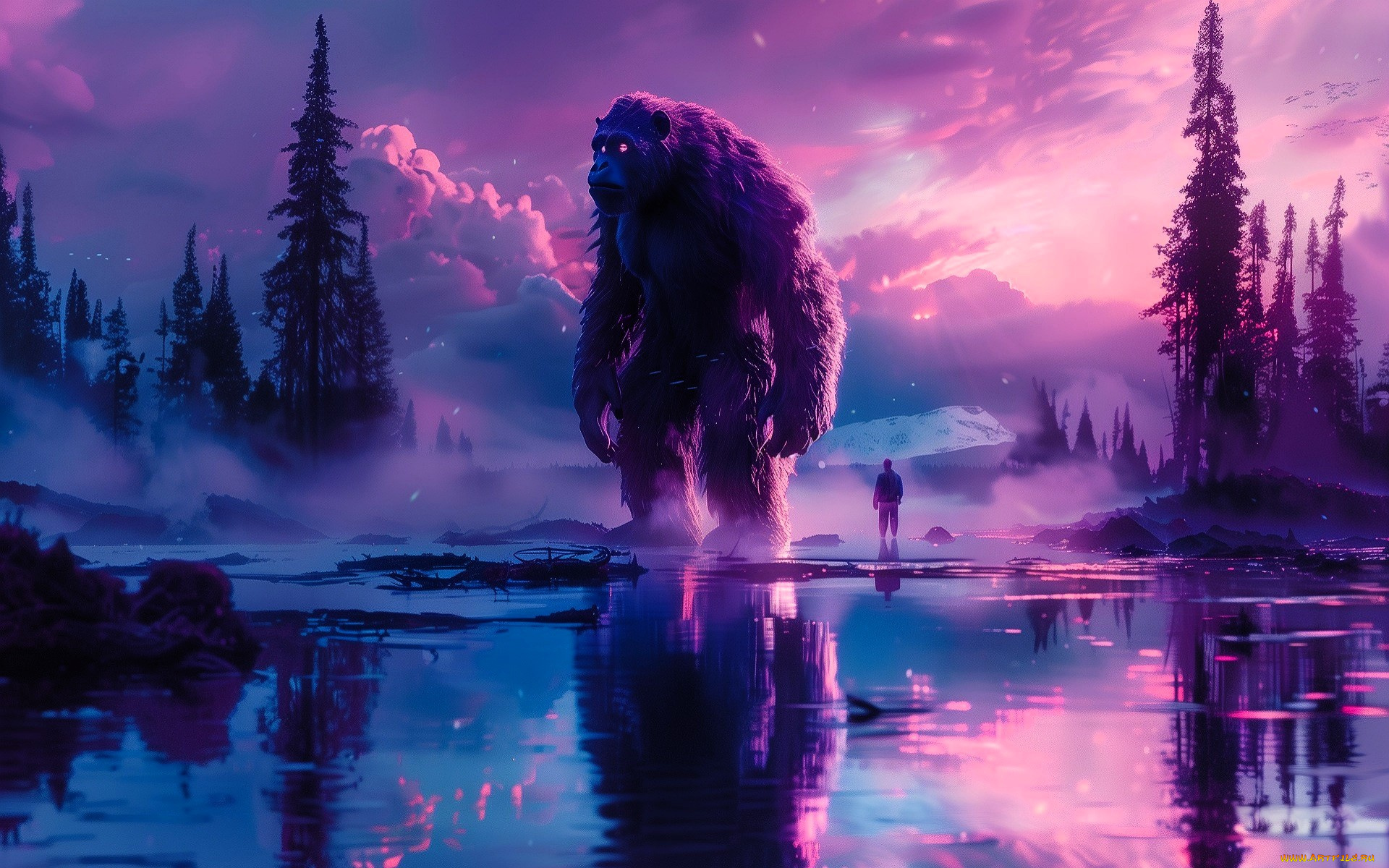 фэнтези, существа, йети, человек, озеро, туман, деревья, горы