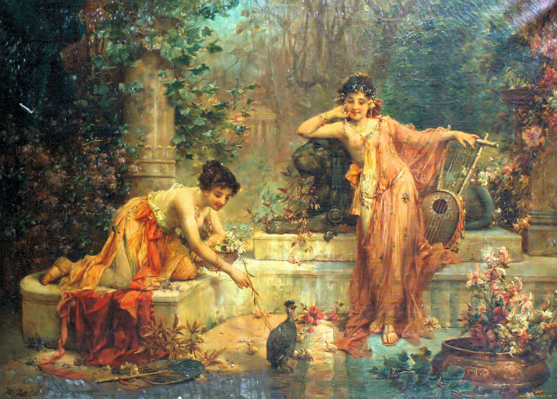 рисованное, hans, zatzka, женщины, птица, инструмент, ступени, сад