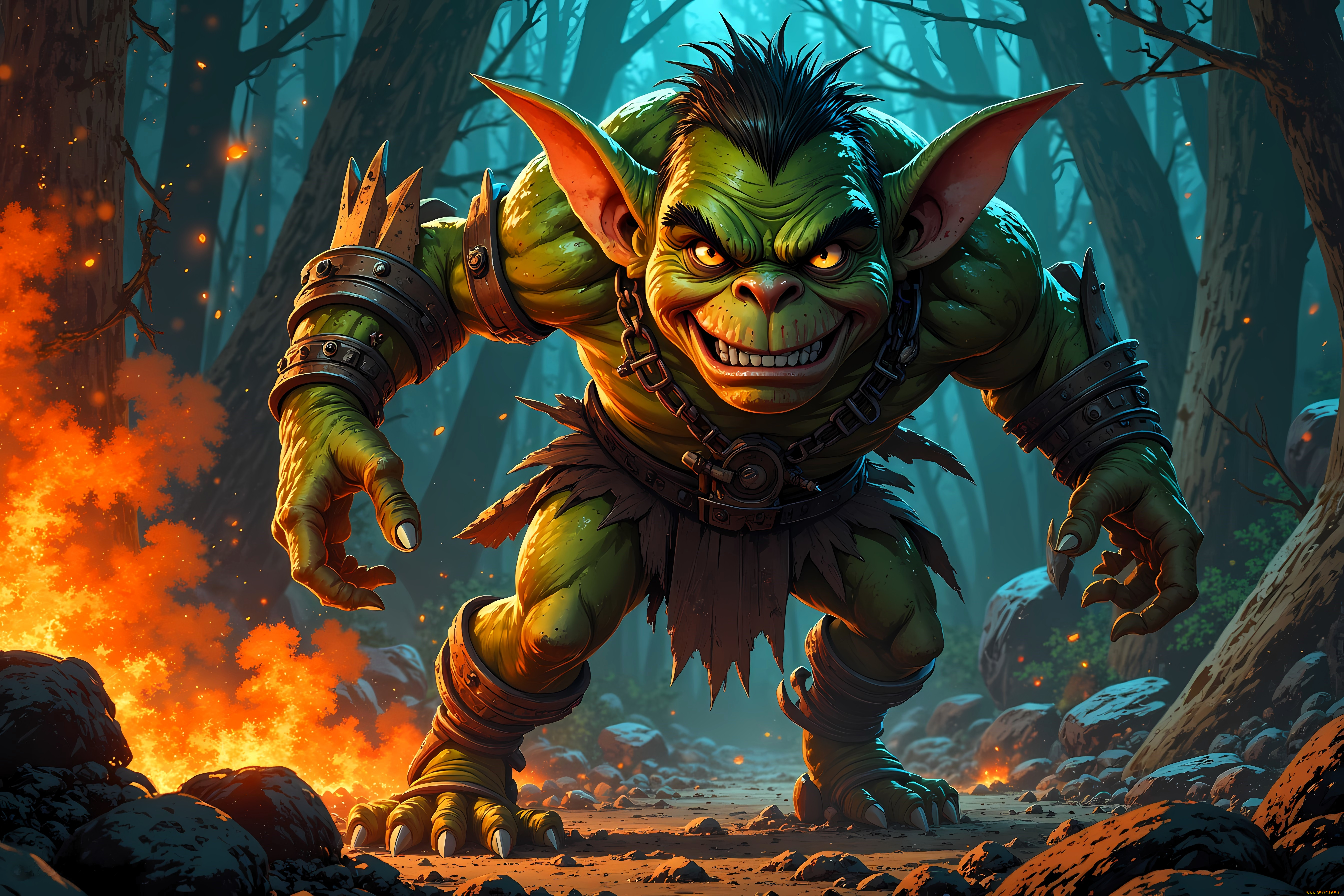 фэнтези, существа, гоблин, лес, камни, огонь