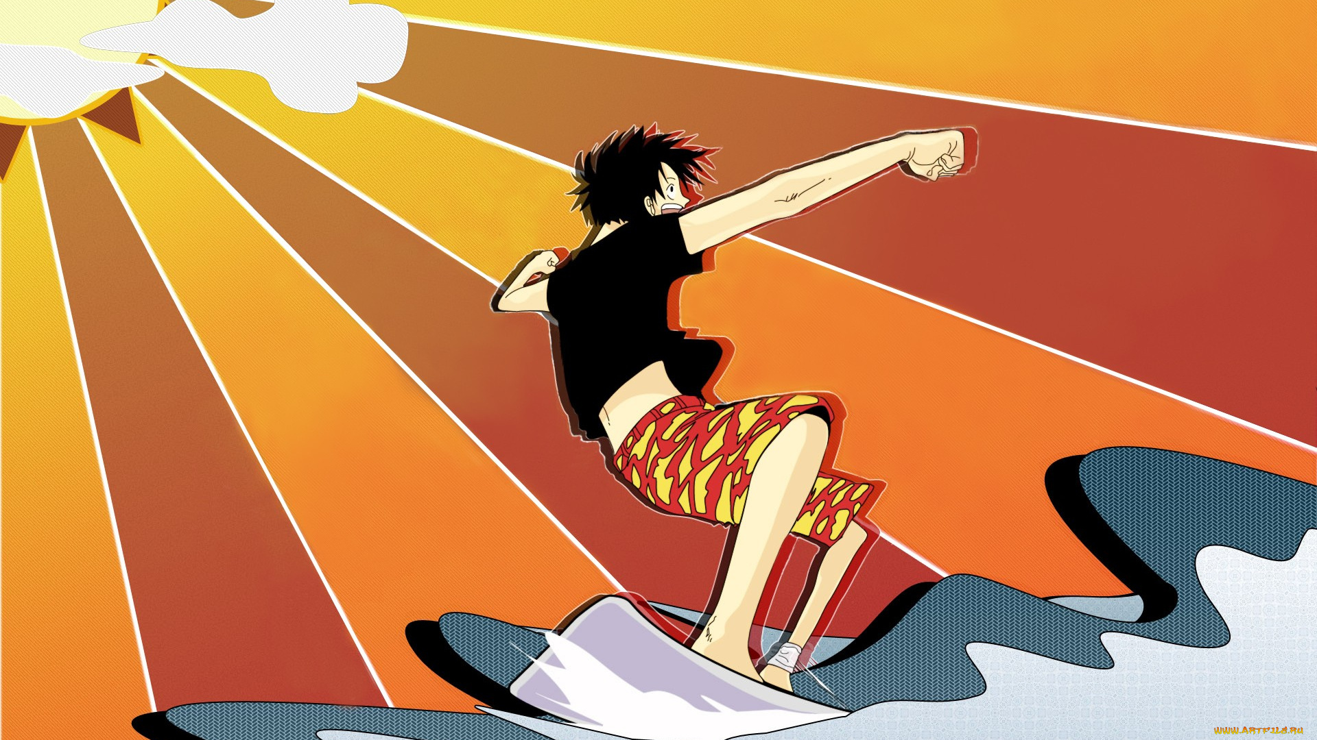 аниме, one, piece, мальчик, серфинг, monkey, d, luffy