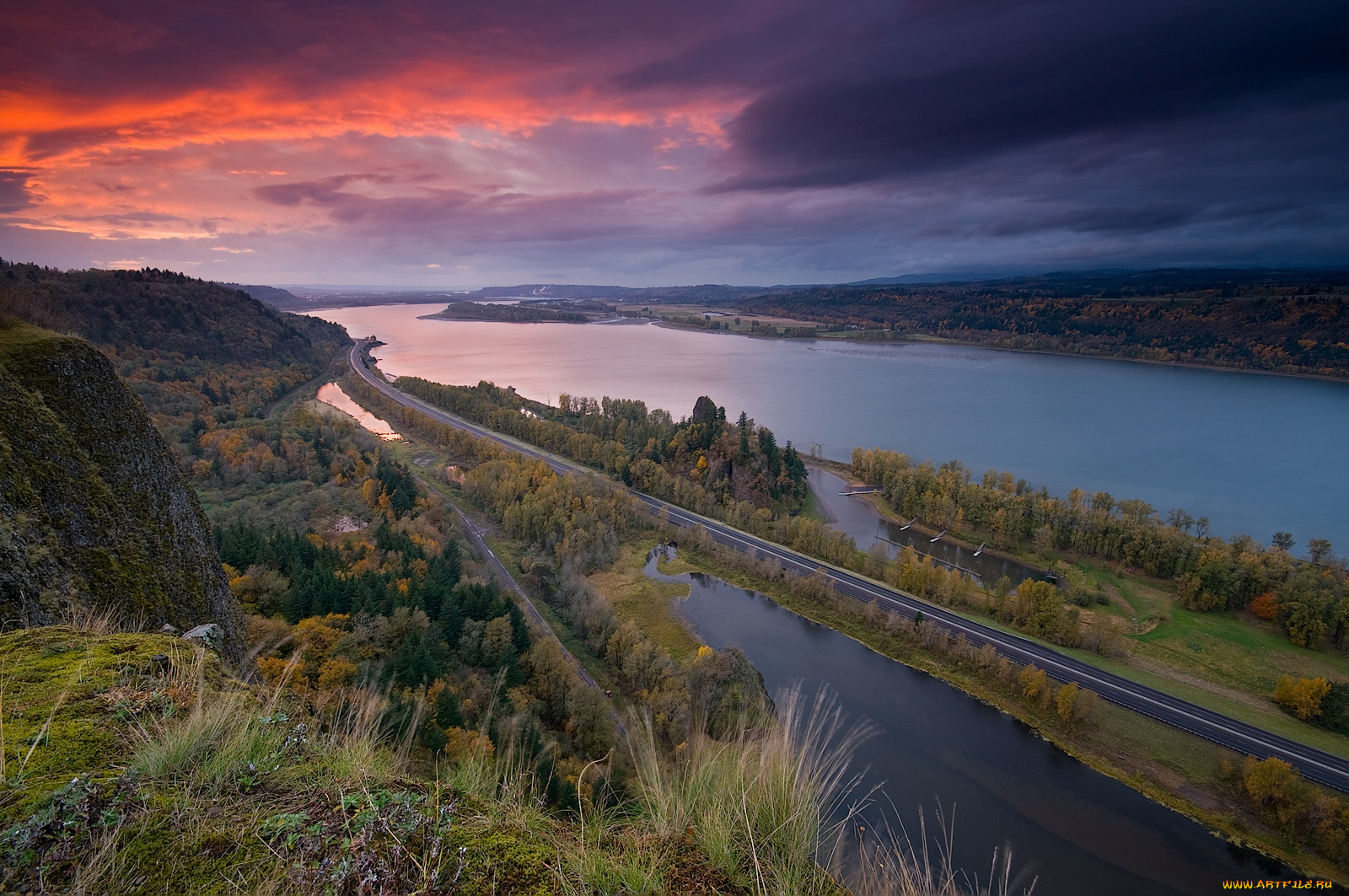 природа, дороги, лес, закат, трасса, река
