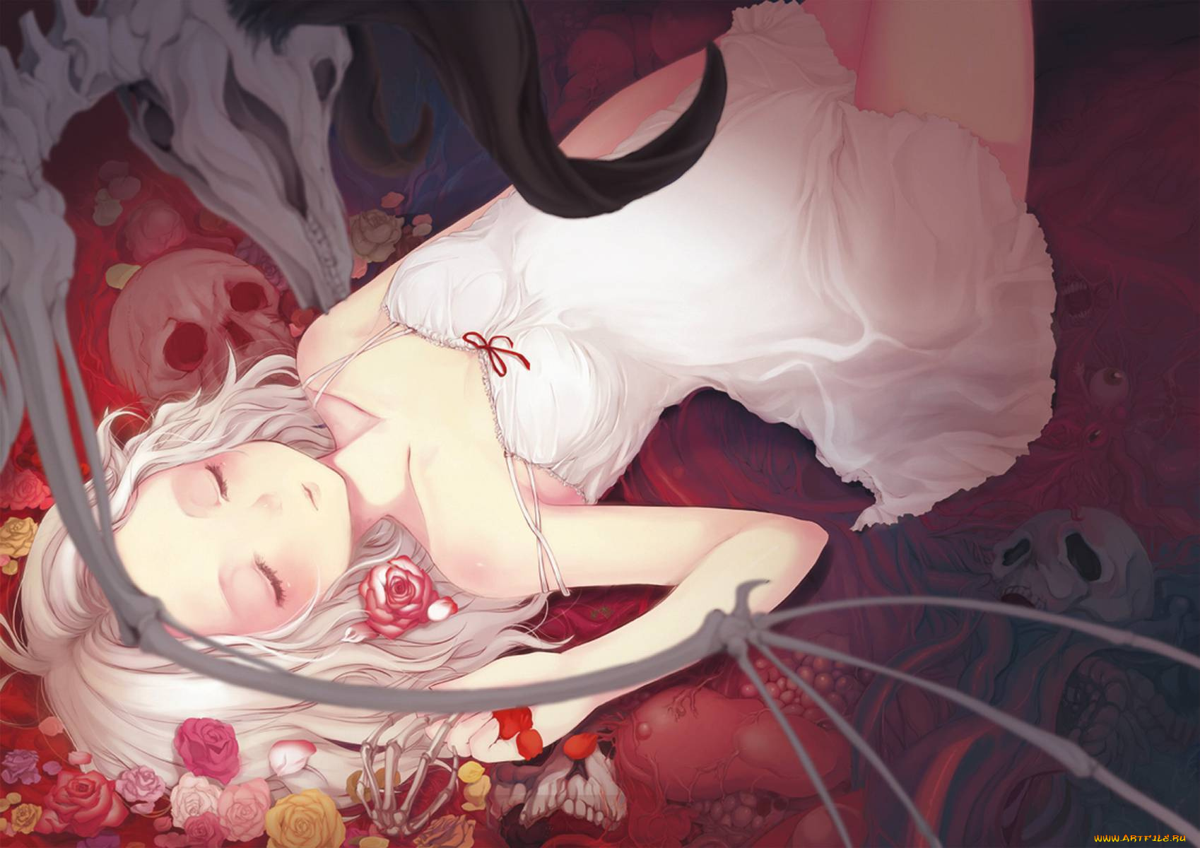 аниме, angels, demons, сон, розы, скелет, черепа, рога, девушка