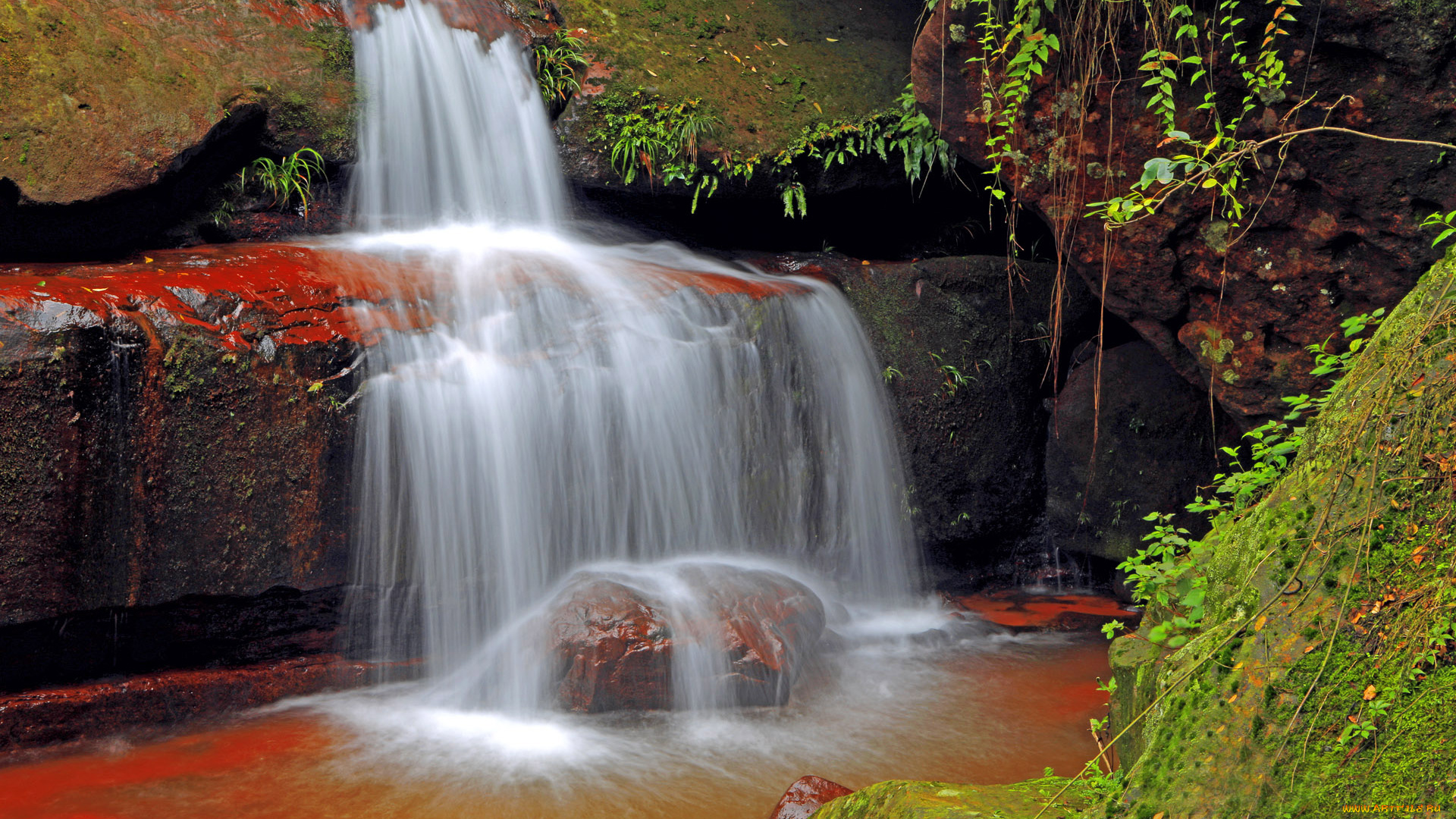 природа, водопады, камни, мох, ручей