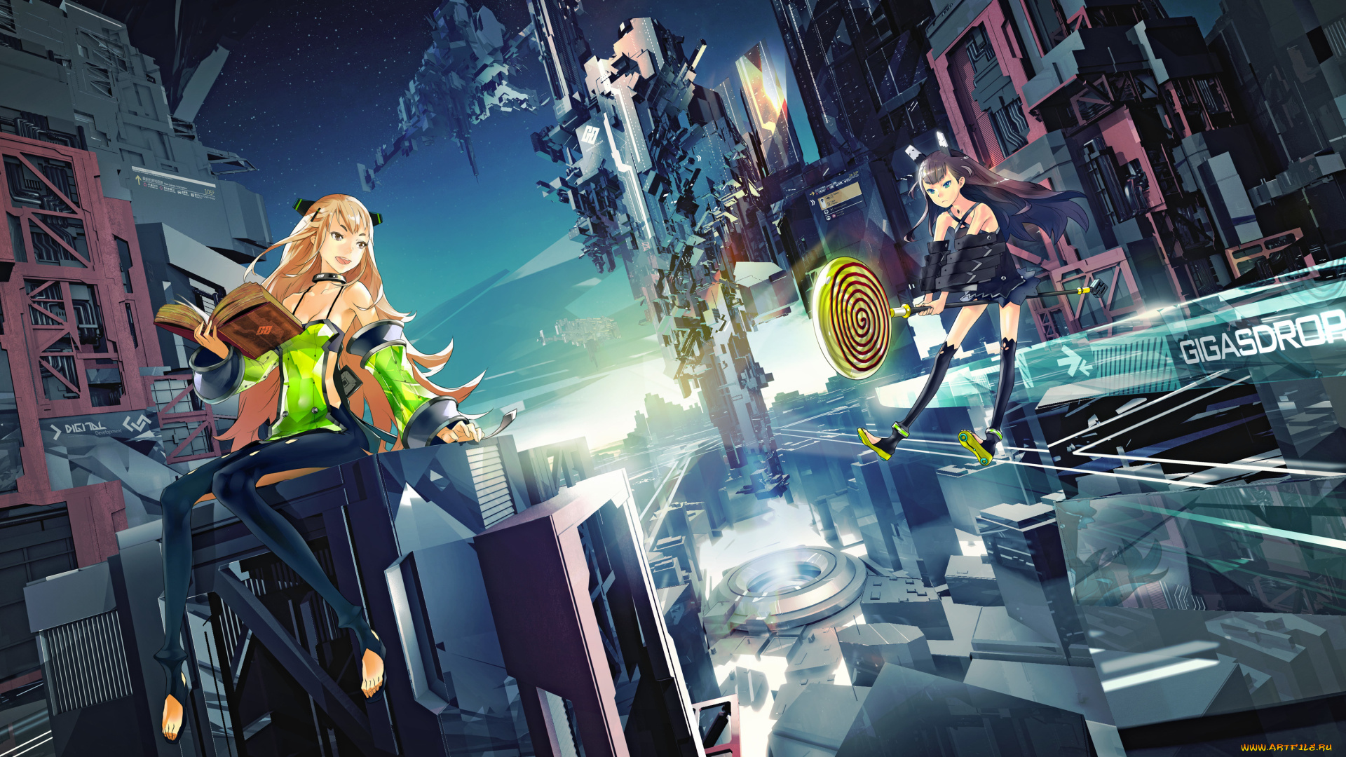 аниме, -weapon, , blood, &, technology, книга, город, абстракция, девушки, redjuice, арт