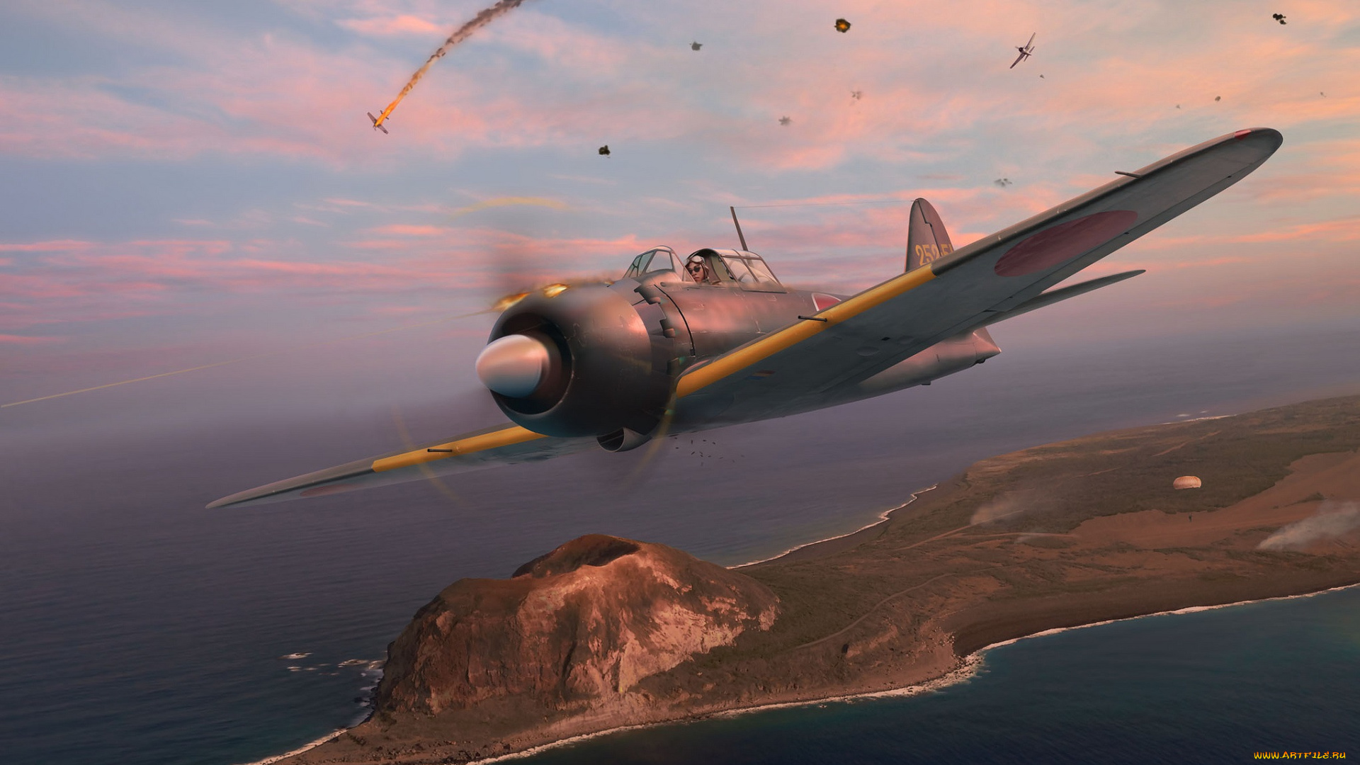 japanese, a6m5, mod, , 52, zero, авиация, 3д, рисованые, v-graphic, самолет, рисунок, небо