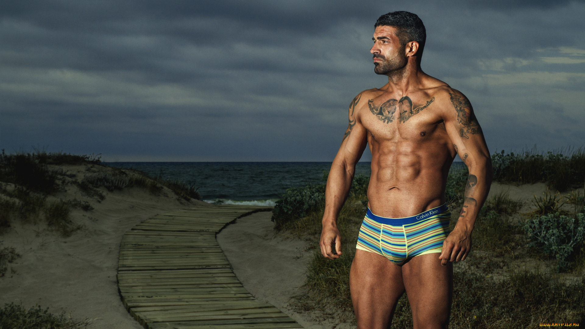 мужчины, -, unsort, пляж, торс, тату, щетина, море, плавки