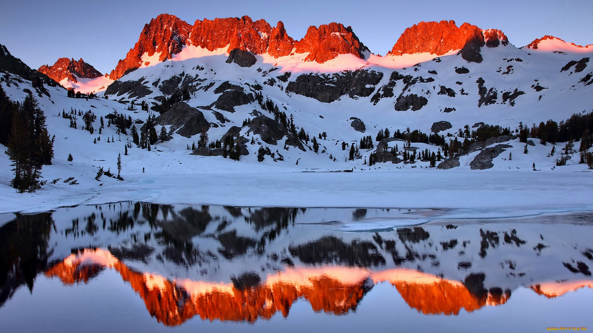 природа, горы, снег, озеро, закат, небо