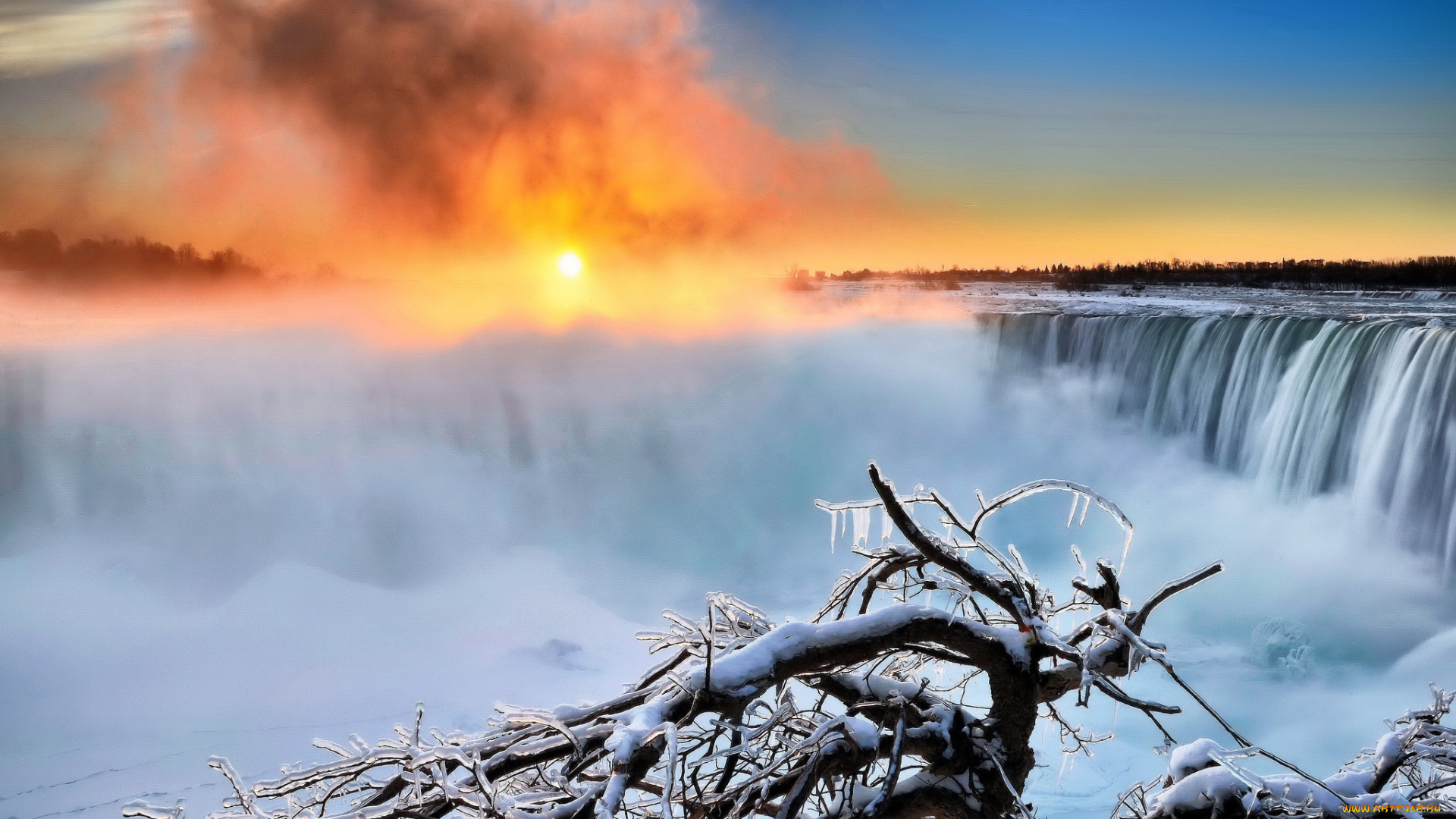 природа, водопады, зима, утро