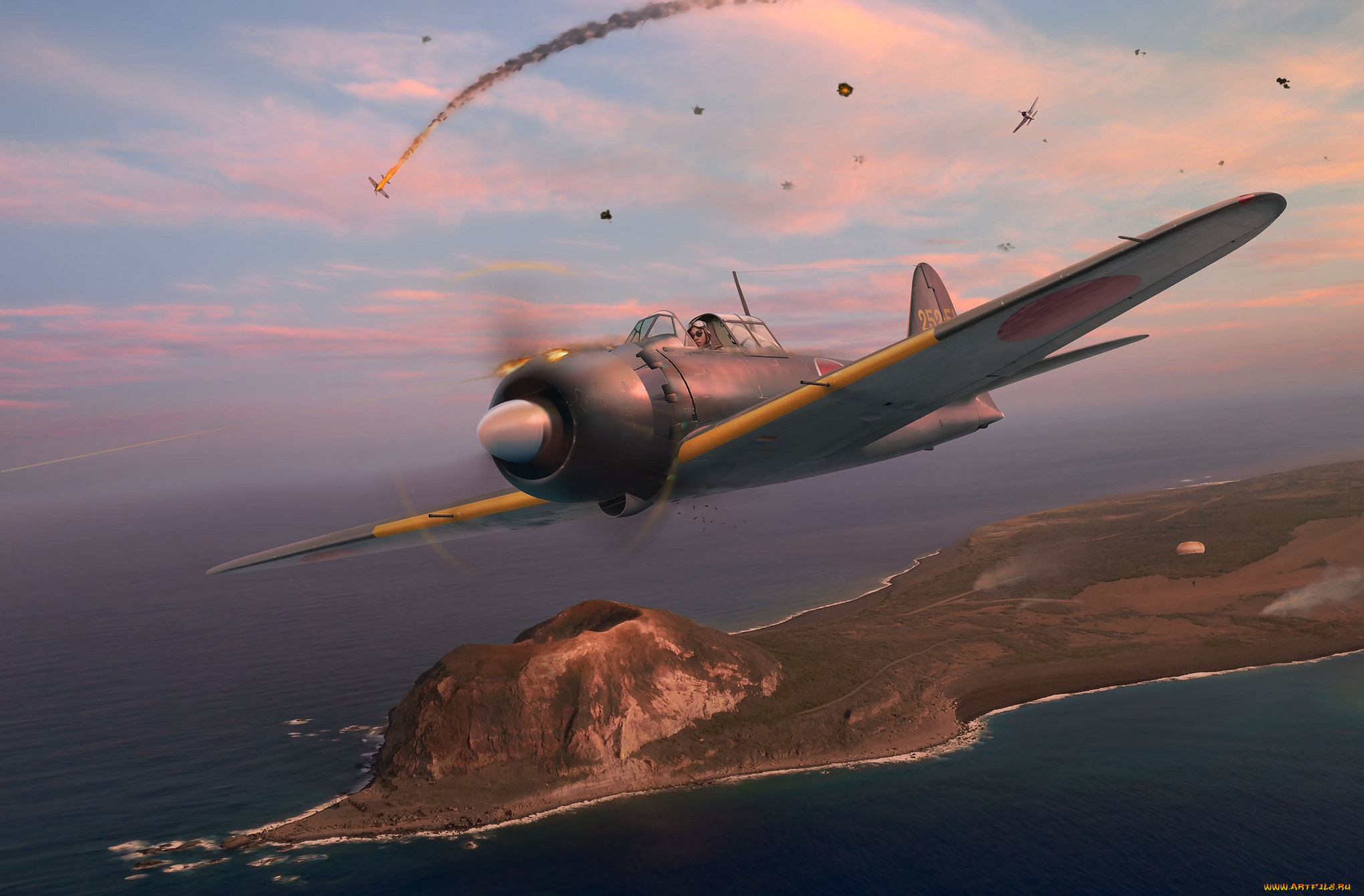 japanese, a6m5, mod, , 52, zero, авиация, 3д, рисованые, v-graphic, самолет, рисунок, небо