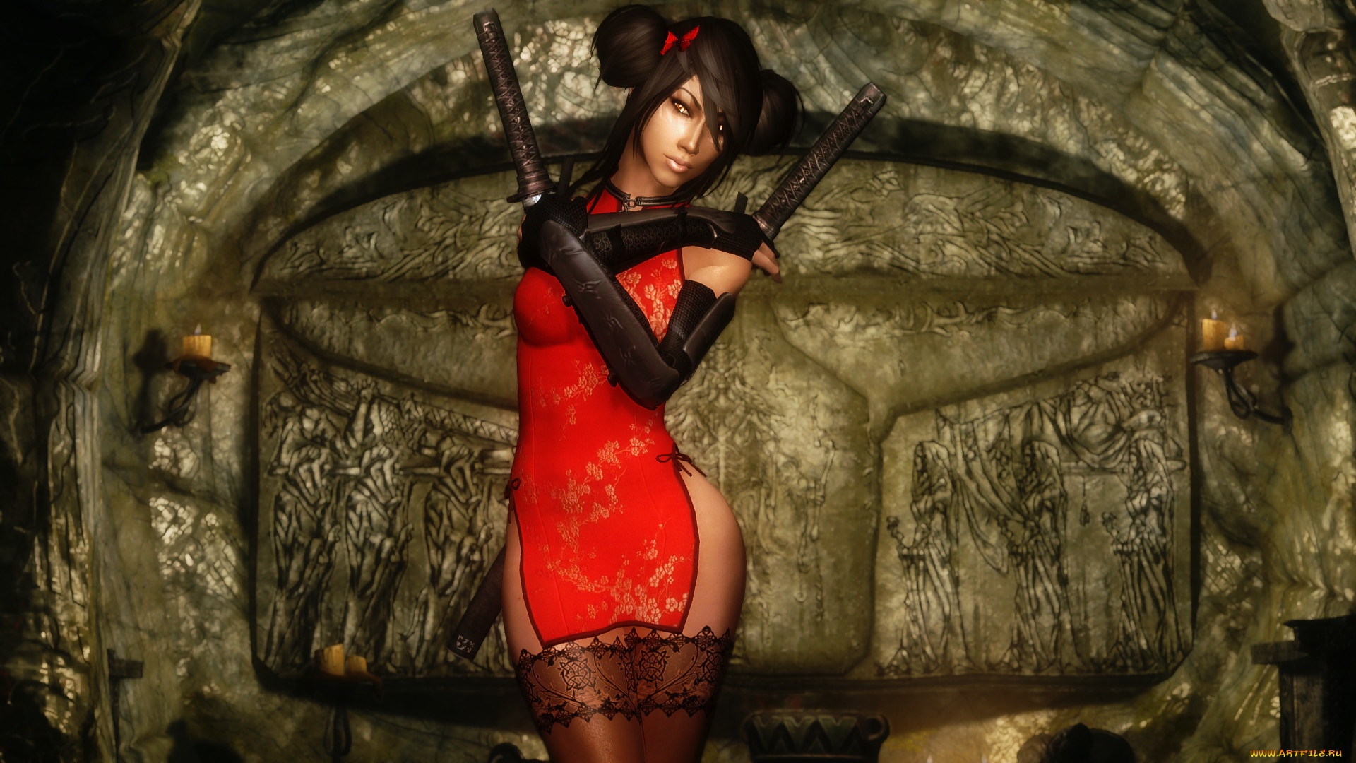 видео, игры, the, elder, scrolls, v, , skyrim, оружие, фон, девушка, взгляд