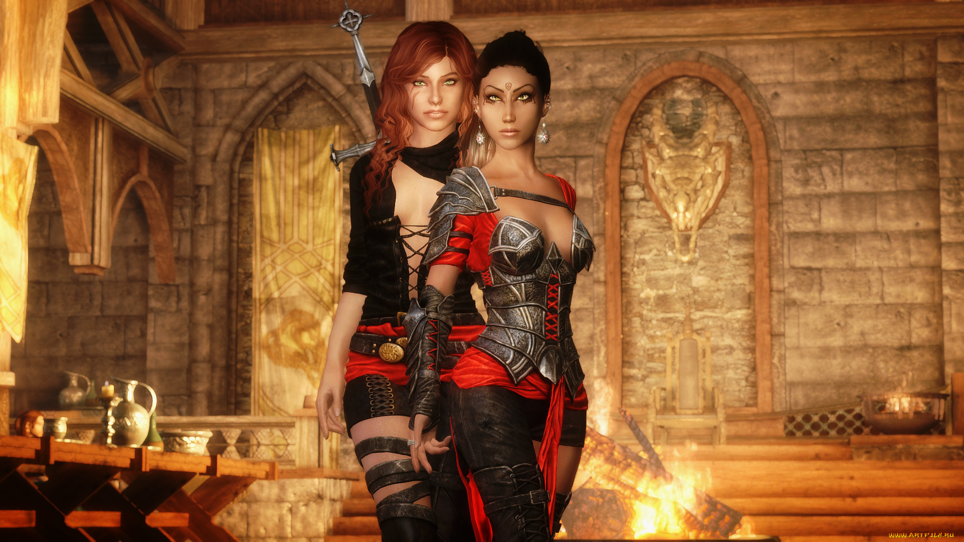 видео, игры, the, elder, scrolls, v, , skyrim, взгляд, девушки, оружие, фон