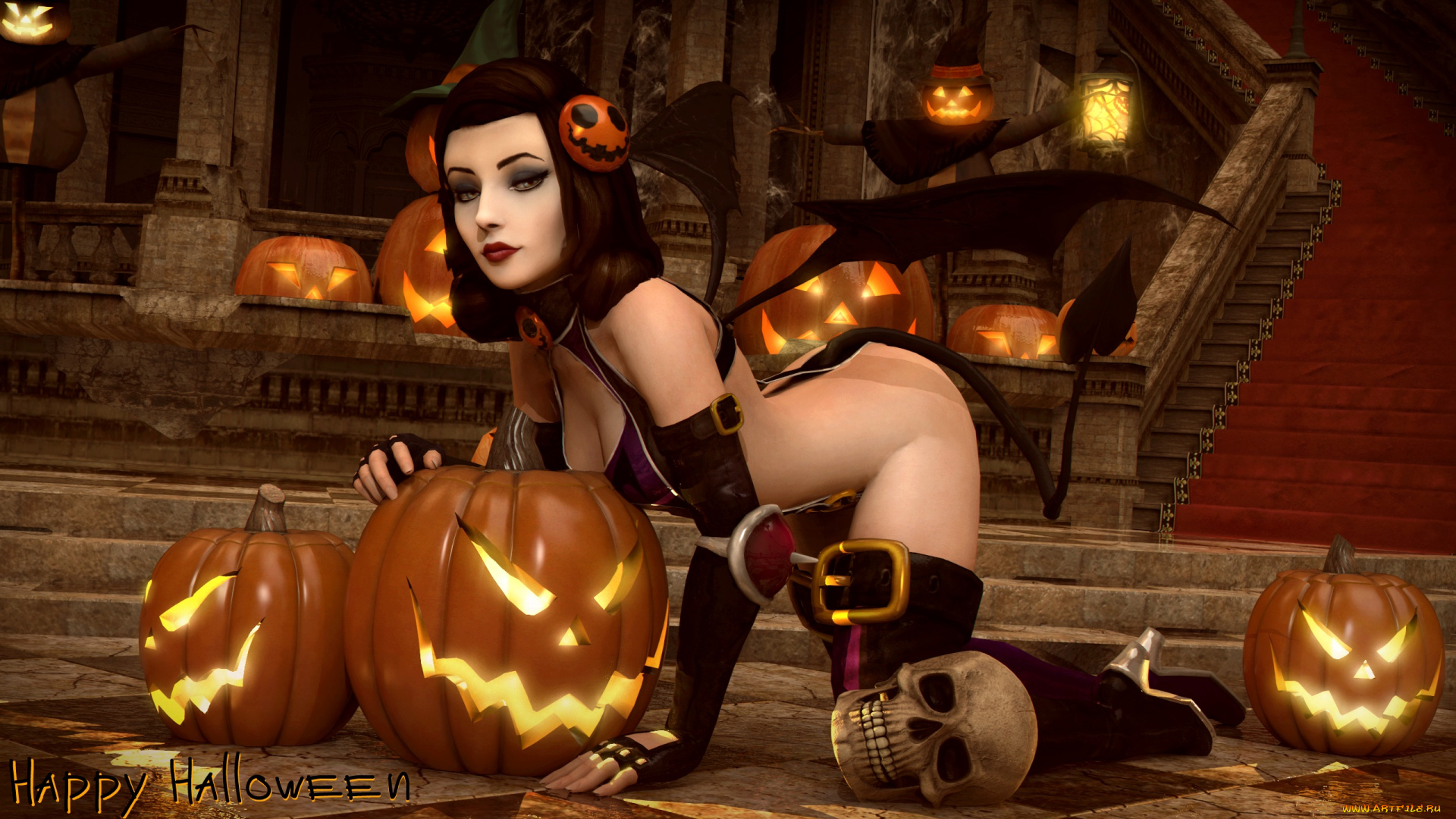 3д, графика, праздники, , holidays, взгляд, девушка, фон, тыква