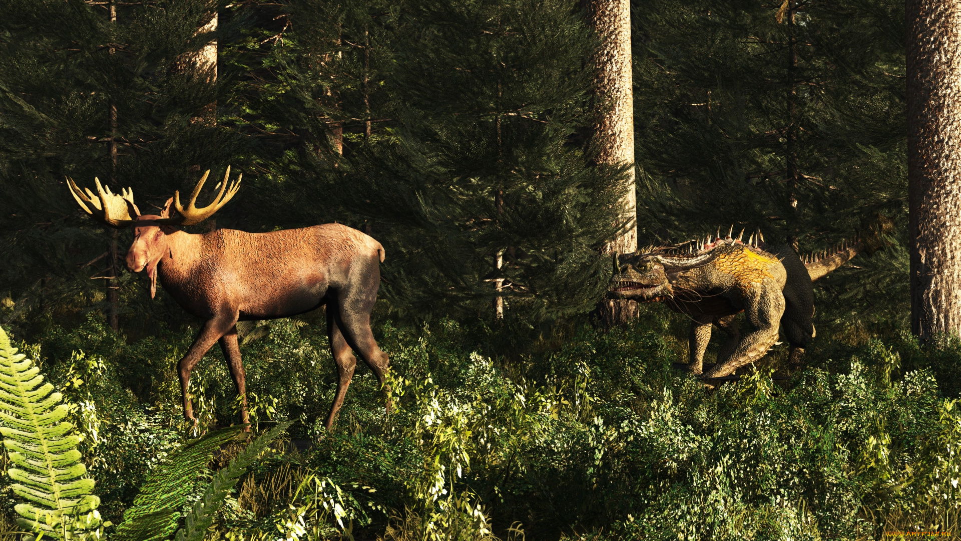 3д, графика, животные, , animals, дракон, лес, олень